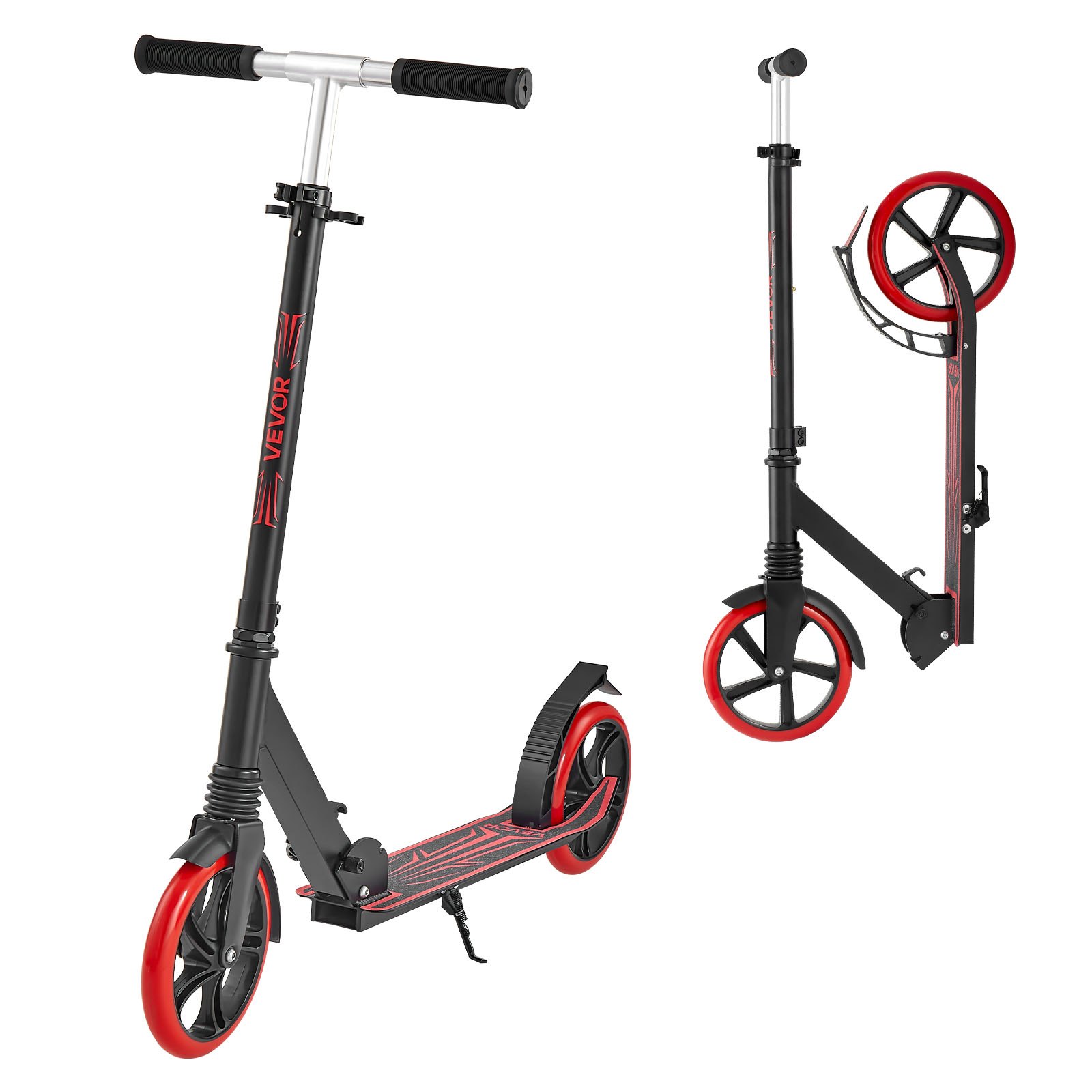 VEVOR Kick Scooter for Kids Ages 8+, Teens & Adults, 2-Wheel Toddler Scooter with Adjustable Height Handlebar, Wide Anti-Slip Deck, Foldable Lightweight for Boys & Girls up to 99.8 kg, Black + Red
