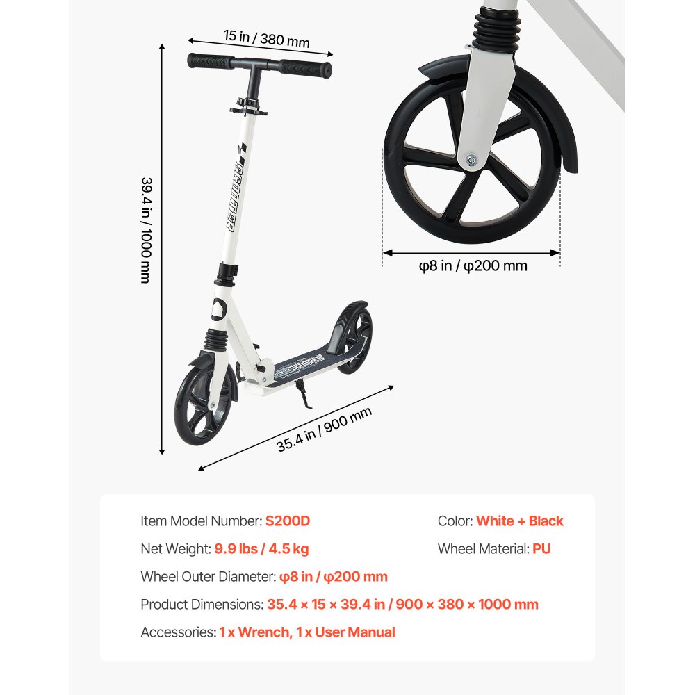VEVOR Kick Scooter for Kids Ages 8+, Teens & Adults, 2-Wheel Toddler Scooter with Adjustable Height Handlebar, Wide Anti-Slip Deck, Foldable Lightweight for Boys & Girls up to 99.8 kg, White + Black