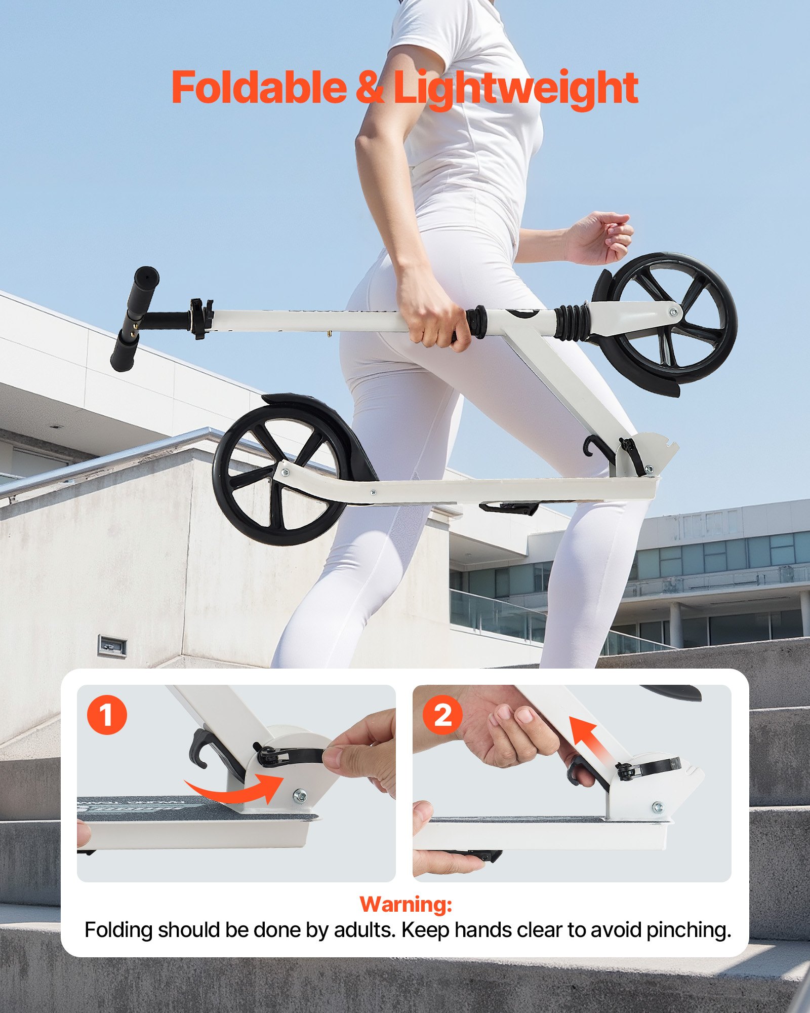 VEVOR Kick Scooter for Kids Ages 8+, Teens & Adults, 2-Wheel Toddler Scooter with Adjustable Height Handlebar, Wide Anti-Slip Deck, Foldable Lightweight for Boys & Girls up to 99.8 kg, White + Black