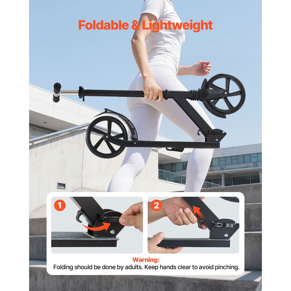 VEVOR Kick Scooter for Kids Ages 8+, Teens & Adults, 2-Wheel Toddler Scooter with Adjustable Height Handlebar, Wide Anti-Slip Deck, Foldable Lightweight Frame for Boys & Girls up to 99.8 kg, Black