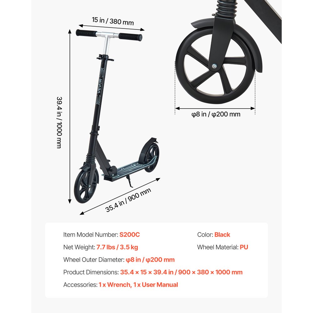 VEVOR Kick Scooter for Kids Ages 8+, Teens & Adults, 2-Wheel Toddler Scooter with Adjustable Height Handlebar, Wide Anti-Slip Deck, Foldable Lightweight Frame for Boys & Girls up to 99.8 kg, Black