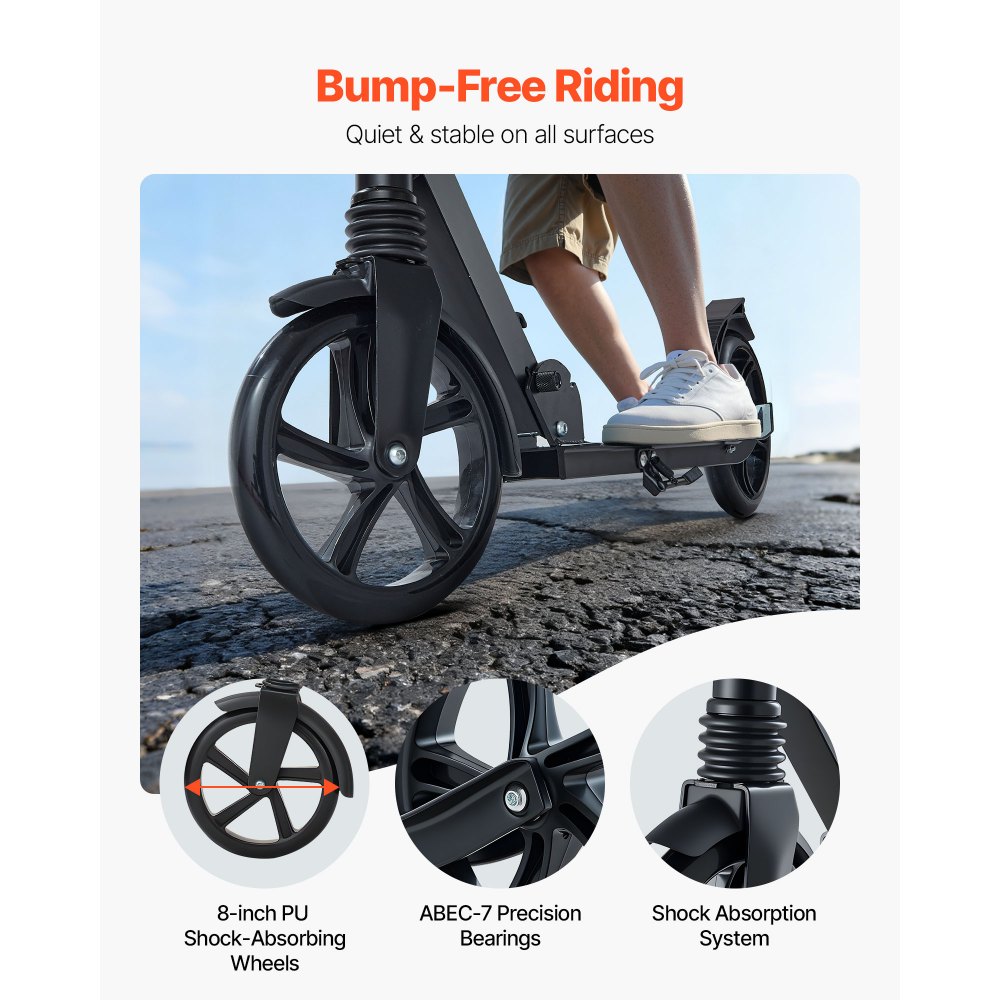 VEVOR Kick Scooter for Kids Ages 8+, Teens & Adults, 2-Wheel Toddler Scooter with Adjustable Height Handlebar, Wide Anti-Slip Deck, Foldable Lightweight Frame for Boys & Girls up to 99.8 kg, Black