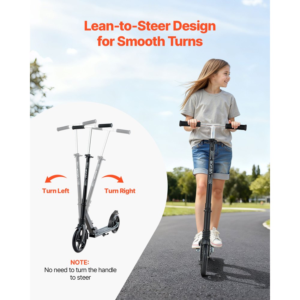 VEVOR Kick Scooter for Kids Ages 8+, Teens & Adults, 2-Wheel Toddler Scooter with Adjustable Height Handlebar, Wide Anti-Slip Deck, Foldable Lightweight Frame for Boys & Girls up to 99.8 kg, Black