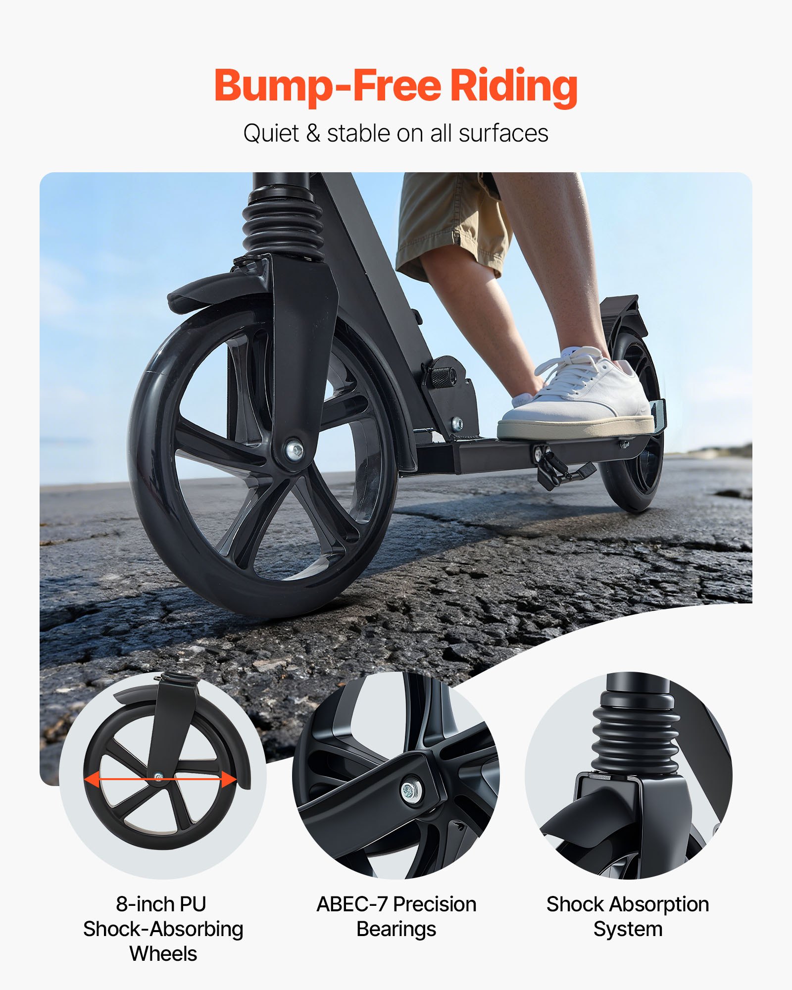 VEVOR Kick Scooter for Kids Ages 8+, Teens & Adults, 2-Wheel Toddler Scooter with Adjustable Height Handlebar, Wide Anti-Slip Deck, Foldable Lightweight Frame for Boys & Girls up to 99.8 kg, Black