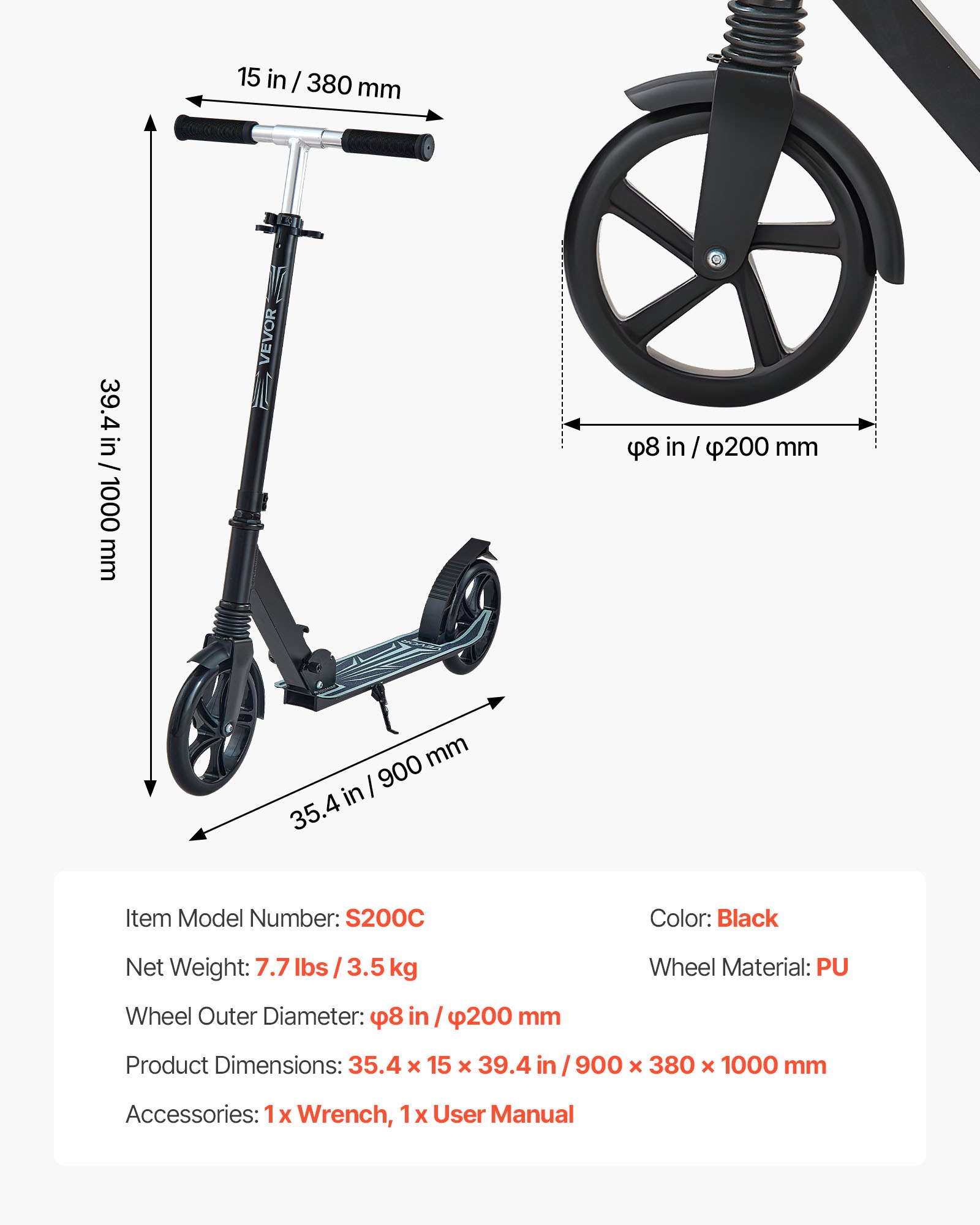 VEVOR Kick Scooter for Kids Ages 8+, Teens & Adults, 2-Wheel Toddler Scooter with Adjustable Height Handlebar, Wide Anti-Slip Deck, Foldable Lightweight Frame for Boys & Girls up to 99.8 kg, Black