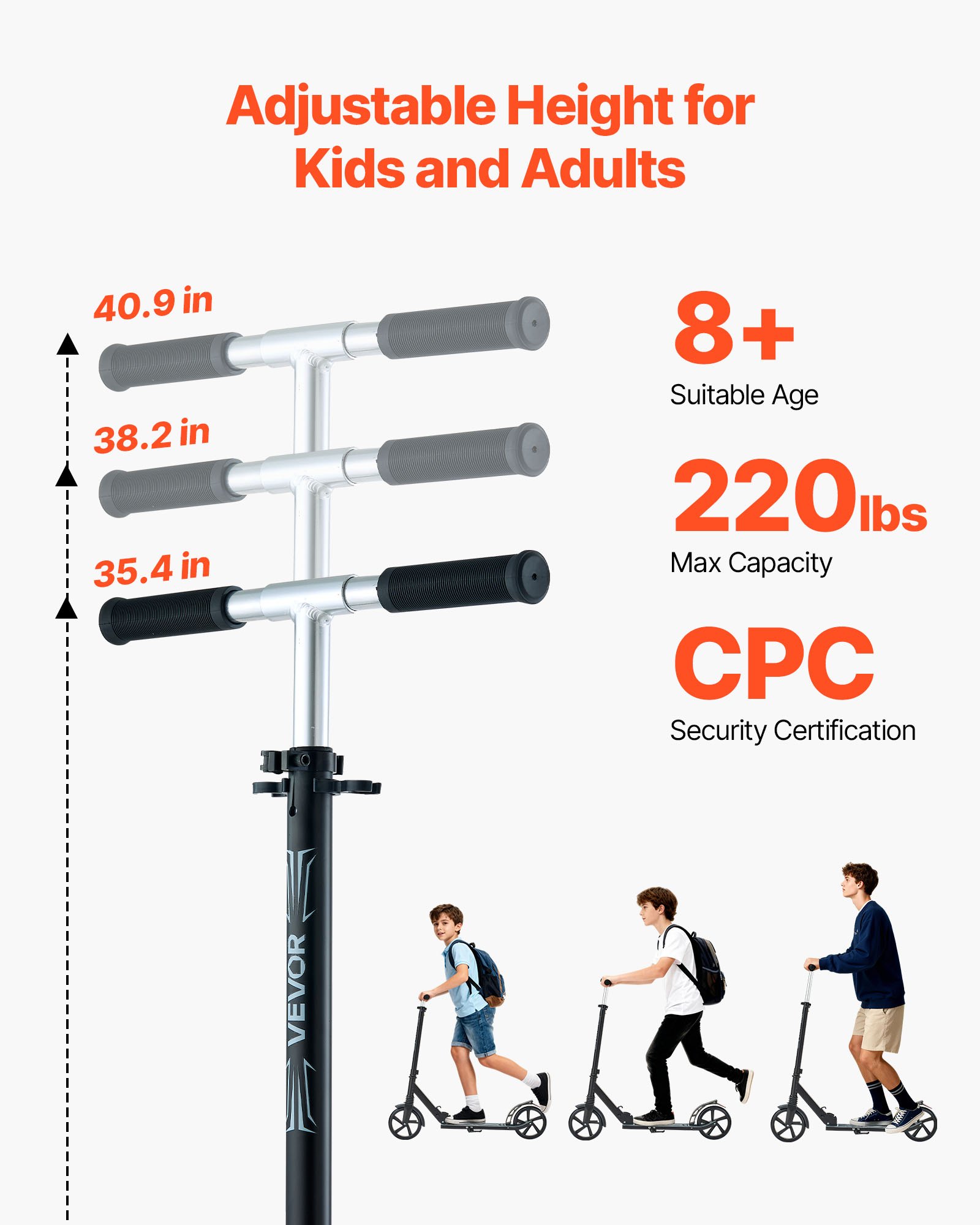 VEVOR Kick Scooter for Kids Ages 8+, Teens & Adults, 2-Wheel Toddler Scooter with Adjustable Height Handlebar, Wide Anti-Slip Deck, Foldable Lightweight Frame for Boys & Girls up to 99.8 kg, Black