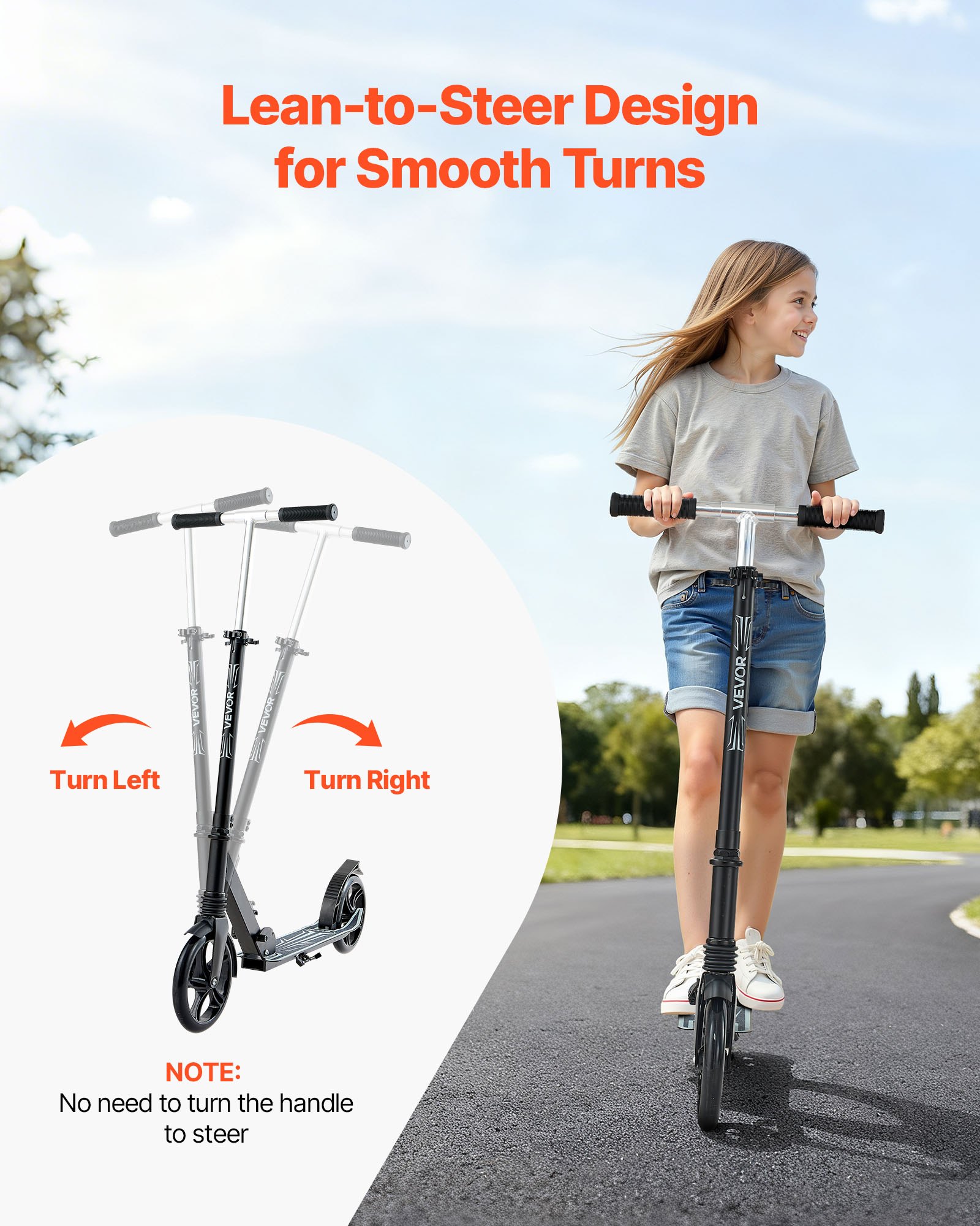 VEVOR Kick Scooter for Kids Ages 8+, Teens & Adults, 2-Wheel Toddler Scooter with Adjustable Height Handlebar, Wide Anti-Slip Deck, Foldable Lightweight Frame for Boys & Girls up to 99.8 kg, Black