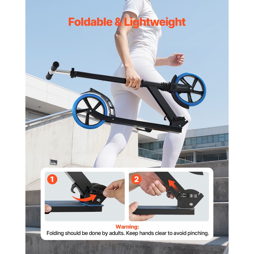 VEVOR Kick Scooter for Kids Ages 8+, Teens & Adults, 2-Wheel Toddler Scooter with Adjustable Height Handlebar, Wide Anti-Slip Deck, Foldable Lightweight Frame for Boys & Girls up to 220 lbs, Blue