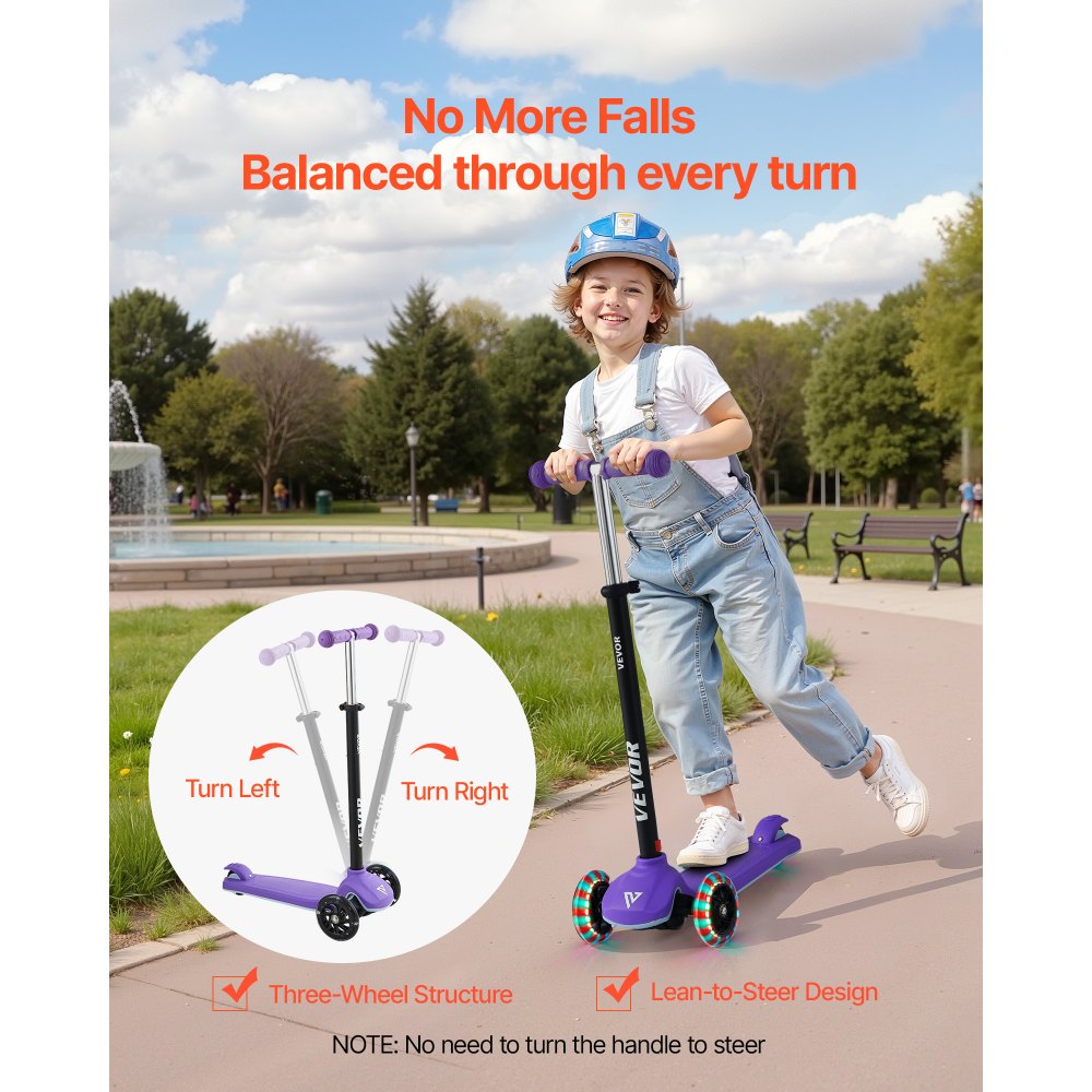VEVOR Kick Scooter for Kids Ages 3+, 3-Wheel Toddler Scooter with Light-Up Wheels, Adjustable Height Handlebar, Wide Anti-Slip Deck, Lightweight Aluminum Frame for Boys & Girls up to 74.8 kg, Purple