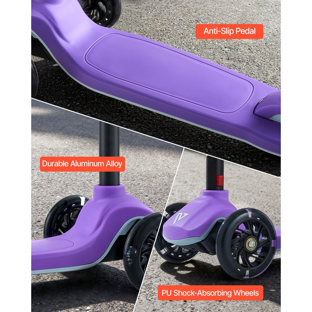 VEVOR Kick Scooter for Kids Ages 3+, 3-Wheel Toddler Scooter with Light-Up Wheels, Adjustable Height Handlebar, Wide Anti-Slip Deck, Lightweight Aluminum Frame for Boys & Girls up to 74.8 kg, Purple