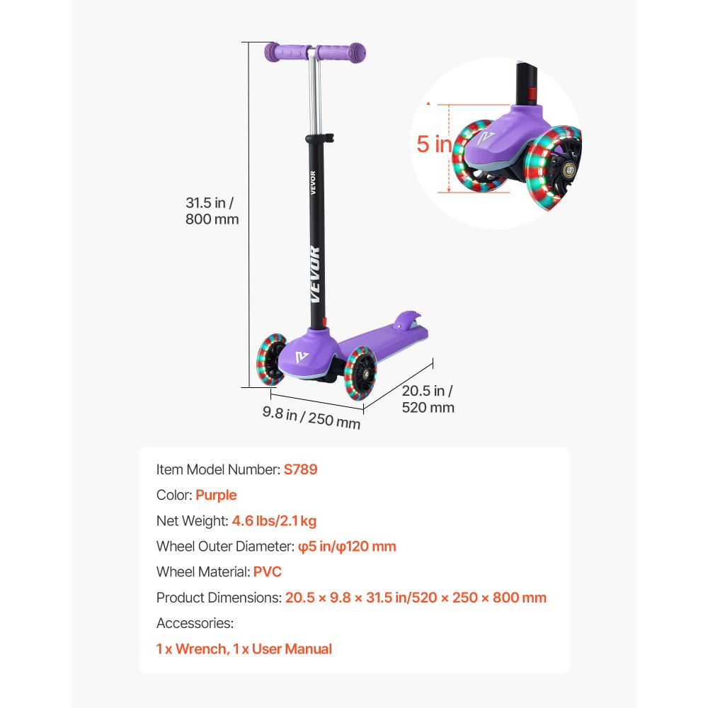 VEVOR Kick Scooter for Kids Ages 3+, 3-Wheel Toddler Scooter with Light-Up Wheels, Adjustable Height Handlebar, Wide Anti-Slip Deck, Lightweight Aluminum Frame for Boys & Girls up to 74.8 kg, Purple