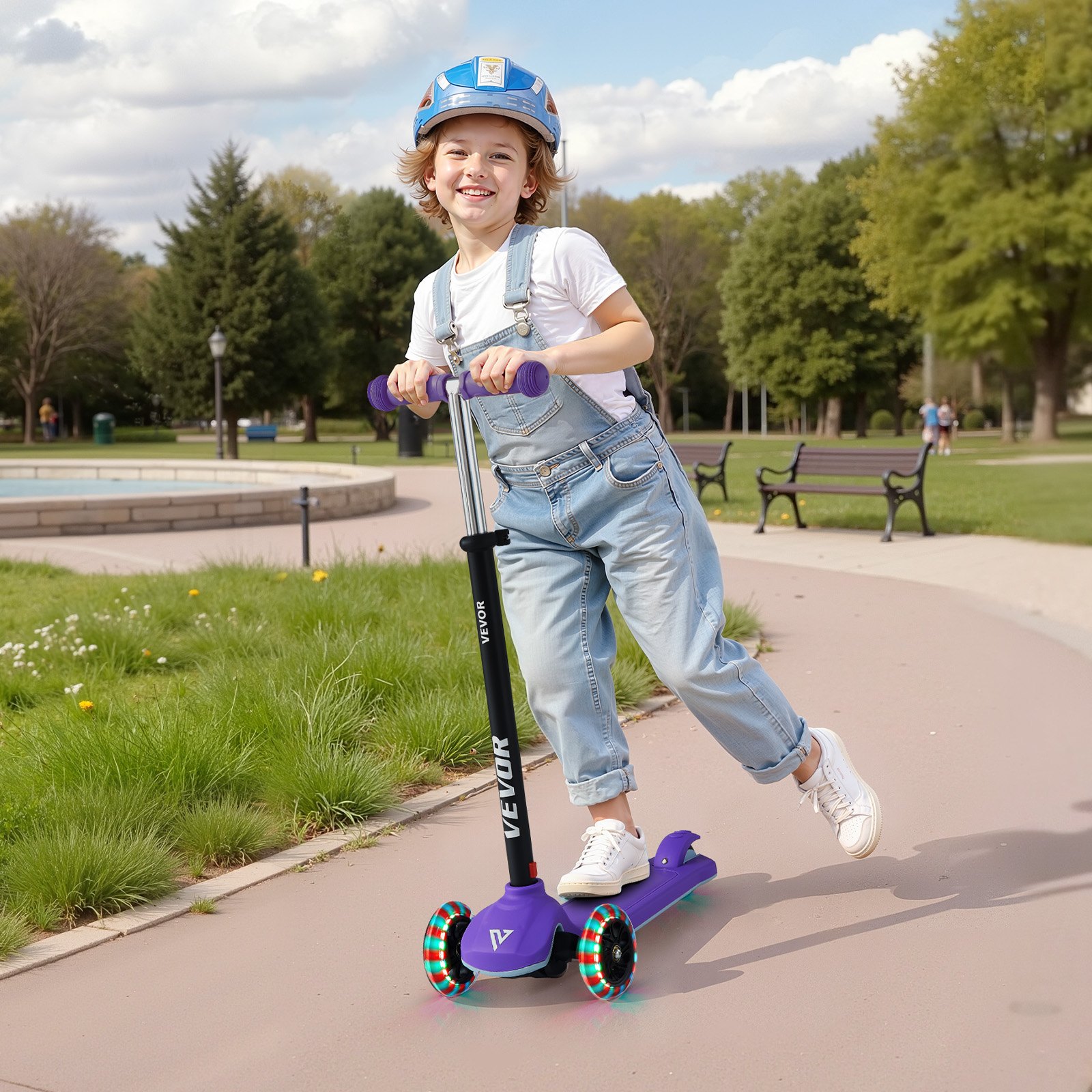 VEVOR Kick Scooter for Kids Ages 3+, 3-Wheel Toddler Scooter with Light-Up Wheels, Adjustable Height Handlebar, Wide Anti-Slip Deck, Lightweight Aluminum Frame for Boys & Girls up to 74.8 kg, Purple