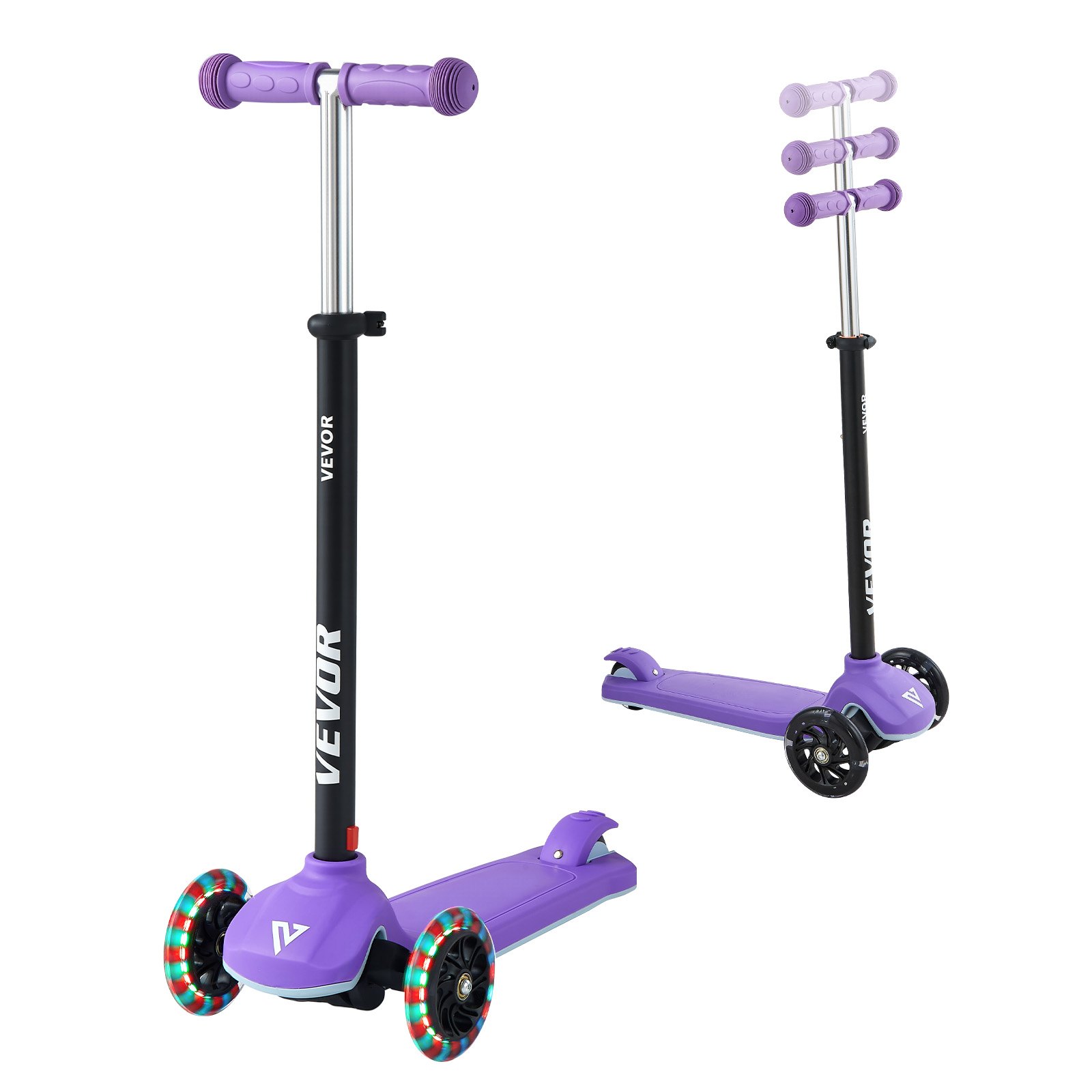 VEVOR Kick Scooter for Kids Ages 3+, 3-Wheel Toddler Scooter with Light-Up Wheels, Adjustable Height Handlebar, Wide Anti-Slip Deck, Lightweight Aluminum Frame for Boys & Girls up to 74.8 kg, Purple