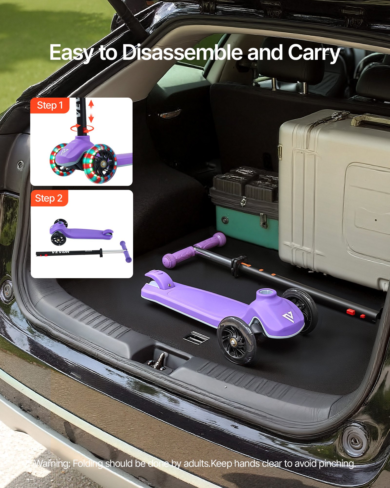 VEVOR Kick Scooter for Kids Ages 3+, 3-Wheel Toddler Scooter with Light-Up Wheels, Adjustable Height Handlebar, Wide Anti-Slip Deck, Lightweight Aluminum Frame for Boys & Girls up to 74.8 kg, Purple