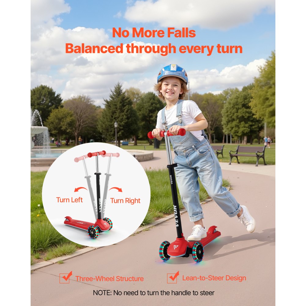 VEVOR Kick Scooter for Kids Ages 3+, 3-Wheel Toddler Scooter with Light-Up Wheels, Adjustable Height Handlebar, Wide Anti-Slip Deck, Lightweight Aluminum Frame for Boys and Girls up to 74.8 kg, Red