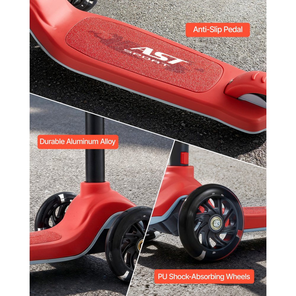 VEVOR Kick Scooter for Kids Ages 3+, 3-Wheel Toddler Scooter with Light-Up Wheels, Adjustable Height Handlebar, Wide Anti-Slip Deck, Lightweight Aluminum Frame for Boys and Girls up to 74.8 kg, Red
