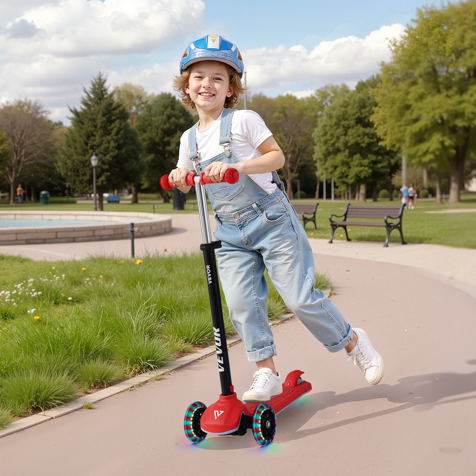 VEVOR Kick Scooter for Kids Ages 3+, 3-Wheel Toddler Scooter with Light-Up Wheels, Adjustable Height Handlebar, Wide Anti-Slip Deck, Lightweight Aluminum Frame for Boys and Girls up to 74.8 kg, Red