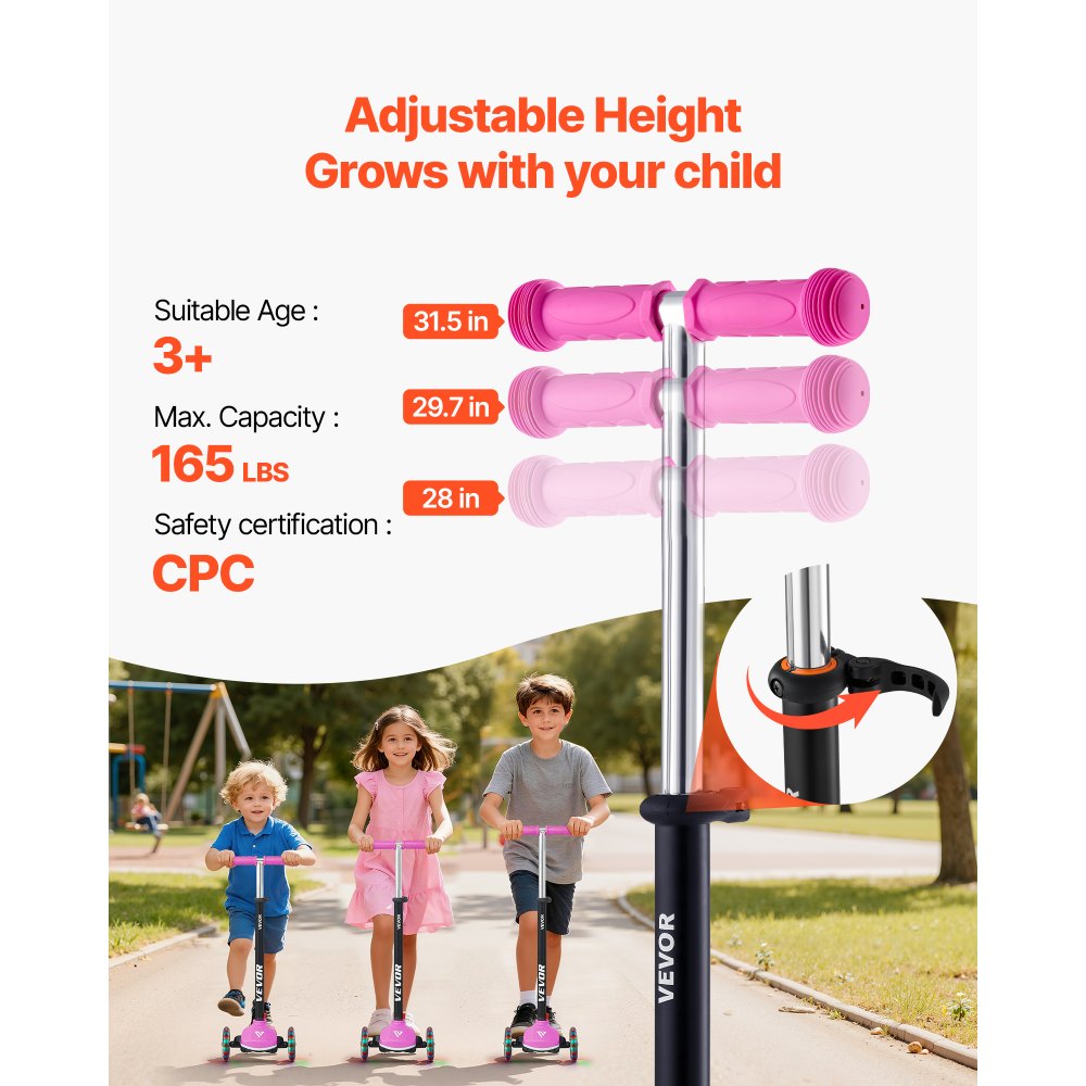 VEVOR Kick Scooter for Kids Ages 3+, 3-Wheel Toddler Scooter with Light-Up Wheels, Adjustable Height Handlebar, Wide Anti-Slip Deck, Lightweight Aluminum Frame for Boys and Girls up to 74.8 kg, Pink