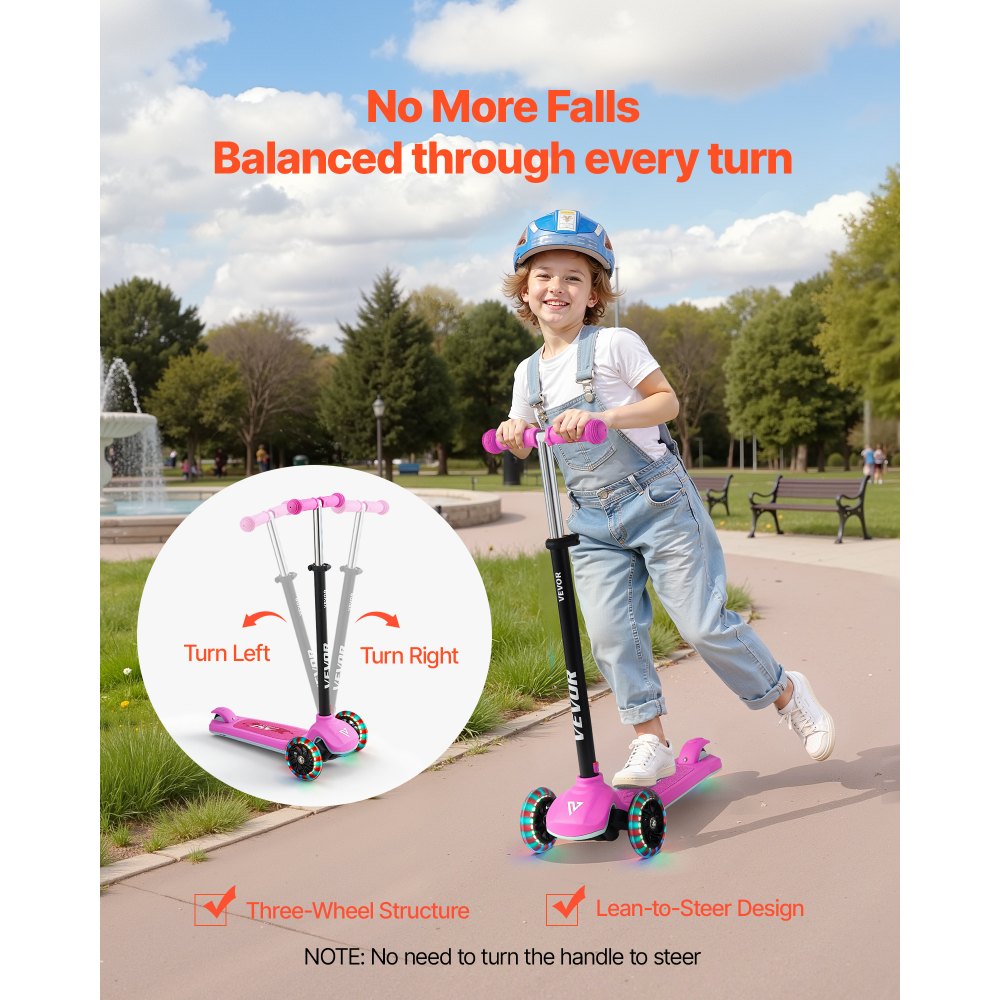 VEVOR Kick Scooter for Kids Ages 3+, 3-Wheel Toddler Scooter with Light-Up Wheels, Adjustable Height Handlebar, Wide Anti-Slip Deck, Lightweight Aluminum Frame for Boys and Girls up to 74.8 kg, Pink