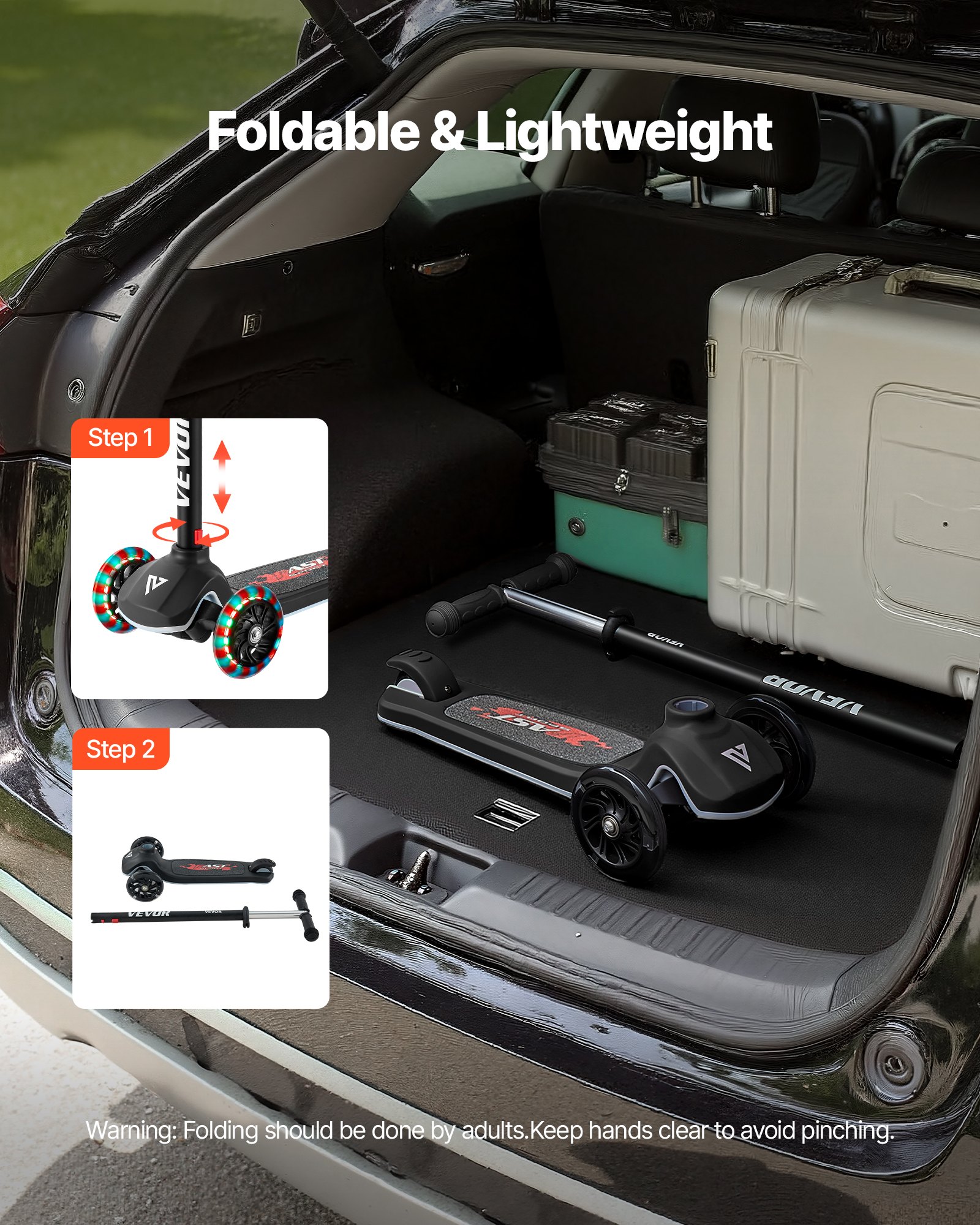 VEVOR Kick Scooter for Kids Ages 3+, 3-Wheel Toddler Scooter with Light-Up Wheels, Adjustable Height Handlebar, Wide Anti-Slip Deck, Lightweight Aluminum Frame for Boys & Girls up to 74.8 kg, Black