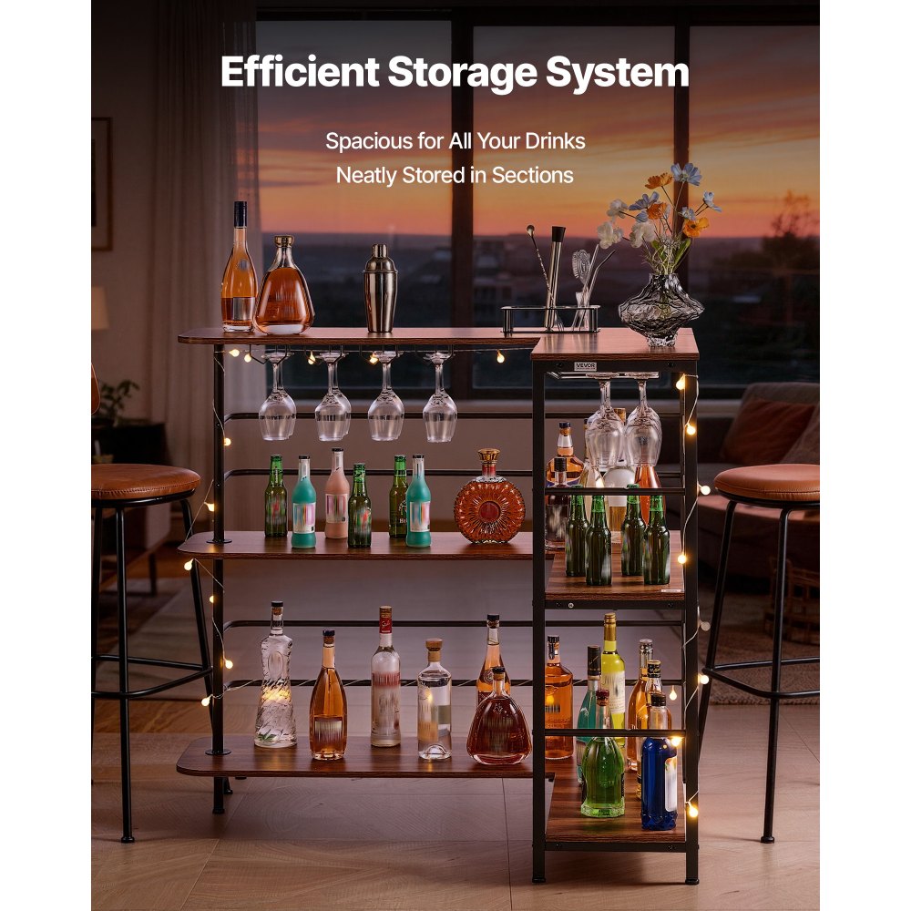 VEVOR Home Bar Unit, L-Shaped Wine Bar Cabinet Table 3-Tier with Storage Shelves, Adjustable Foot Pads, LED Light, Walnut Finish & Metal Frame Liquor Cabinet for Home, Kitchen,Living Room,Pub,Basement