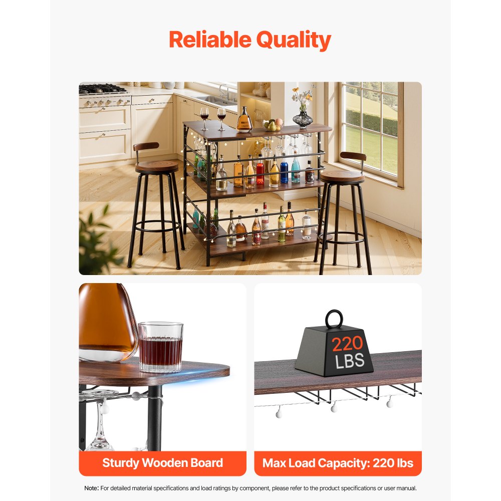 VEVOR Home Bar Unit, L-Shaped Wine Bar Cabinet Table 3-Tier with Storage Shelves, Adjustable Foot Pads, LED Light, Walnut Finish & Metal Frame Liquor Cabinet for Home, Kitchen,Living Room,Pub,Basement
