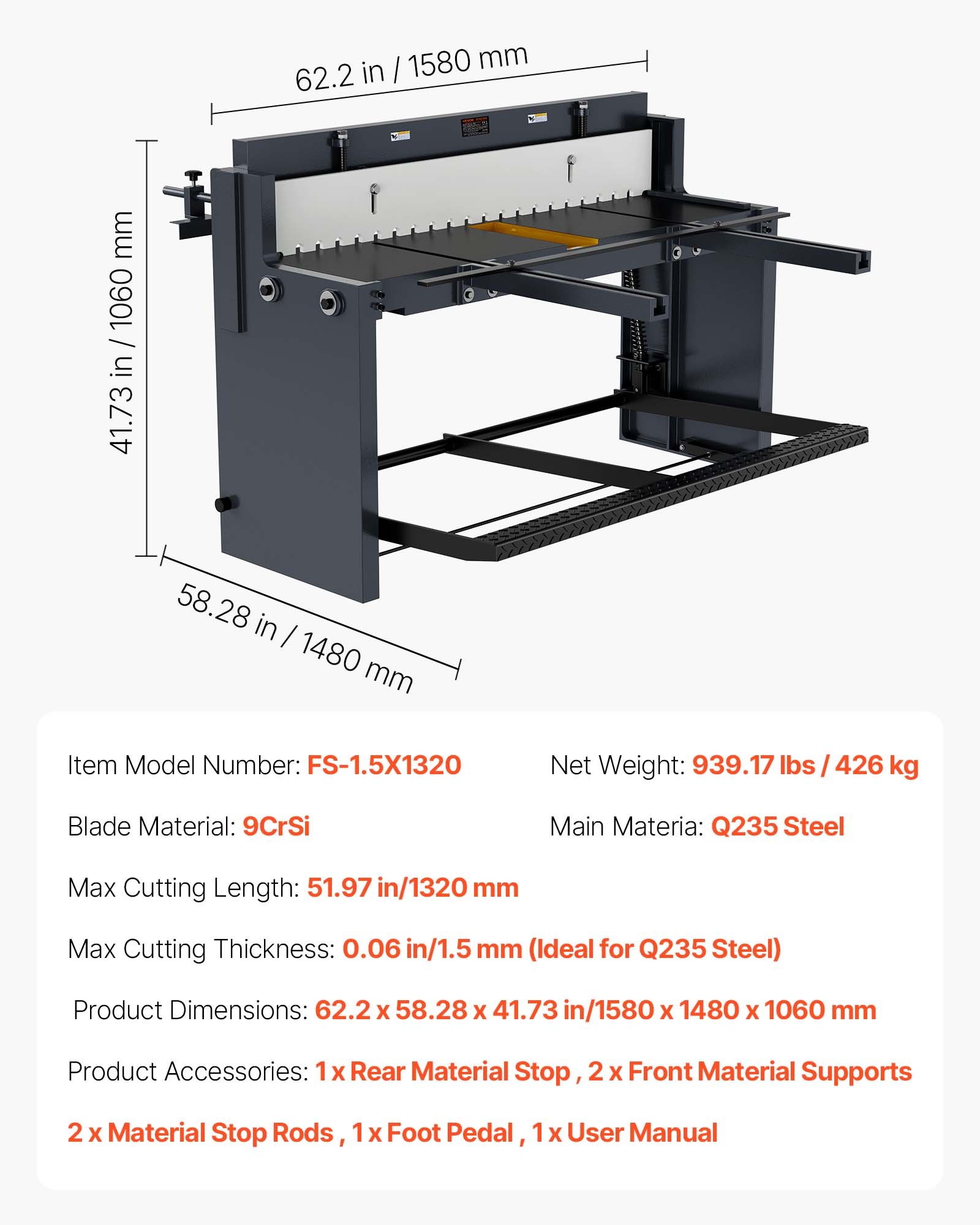 VEVOR Foot Stomp Sheet Metal Shear, 52 in Width Manual Floor Shear, with Soild Steel Frame, Adjustable Blade Gap, Material Stops, Foot-Pedal Control for Cutting Steel, Copper, Rebar, and Aluminum