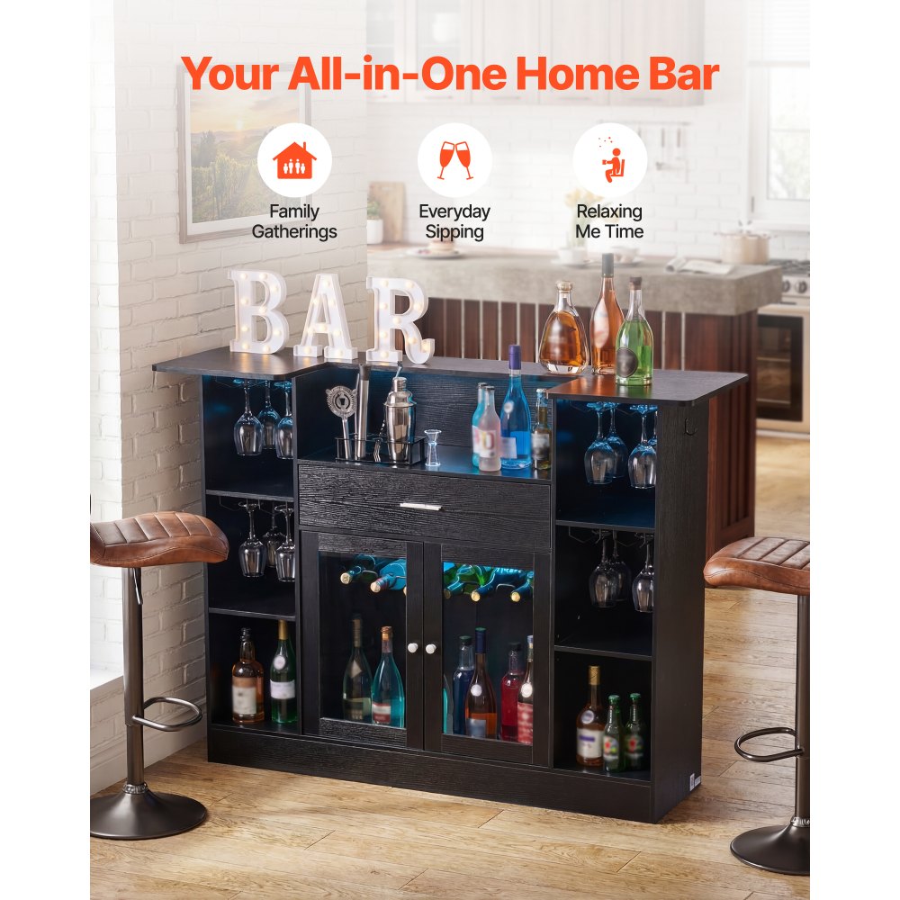 VEVOR Home Bar Unit, Wine Bar Cabinet Table 4-Tier with Storage Drawer Shelves, Wine Glass Holder, Bottle Rack, LED Light, Wood & Metal Liquor Cabinet for Home, Basement, Kitchen, Living Room, Black