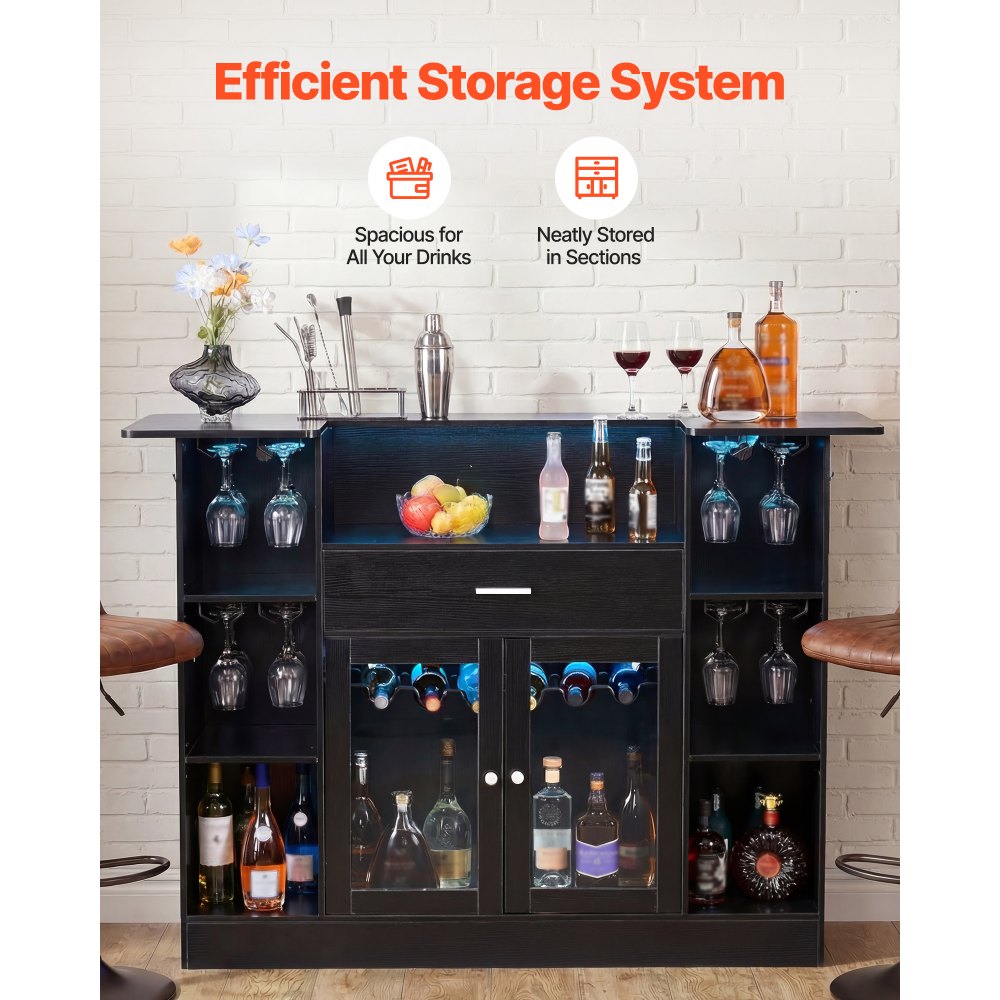 VEVOR Home Bar Unit, Wine Bar Cabinet Table 4-Tier with Storage Drawer Shelves, Wine Glass Holder, Bottle Rack, LED Light, Wood & Metal Liquor Cabinet for Home, Basement, Kitchen, Living Room, Black