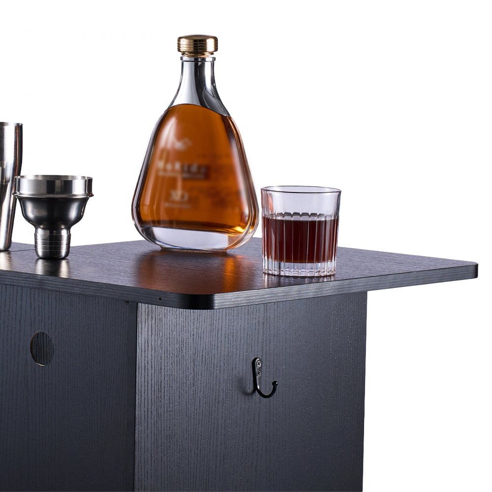 VEVOR Home Bar Unit, Wine Bar Cabinet Table 4-Tier with Storage Drawer Shelves, Wine Glass Holder, Bottle Rack, LED Light, Wood & Metal Liquor Cabinet for Home, Basement, Kitchen, Living Room, Black