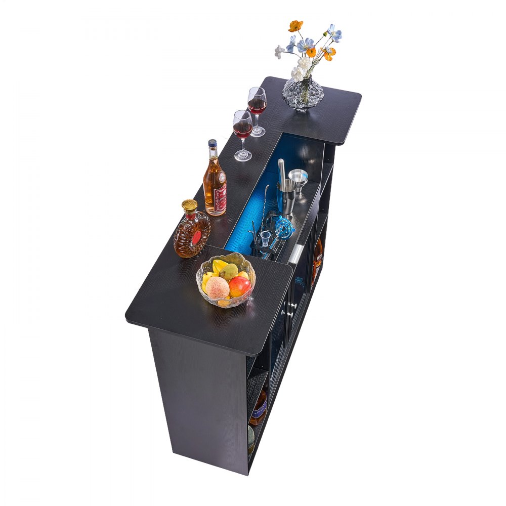 VEVOR Home Bar Unit, Wine Bar Cabinet Table 4-Tier with Storage Drawer Shelves, Wine Glass Holder, Bottle Rack, LED Light, Wood & Metal Liquor Cabinet for Home, Basement, Kitchen, Living Room, Black