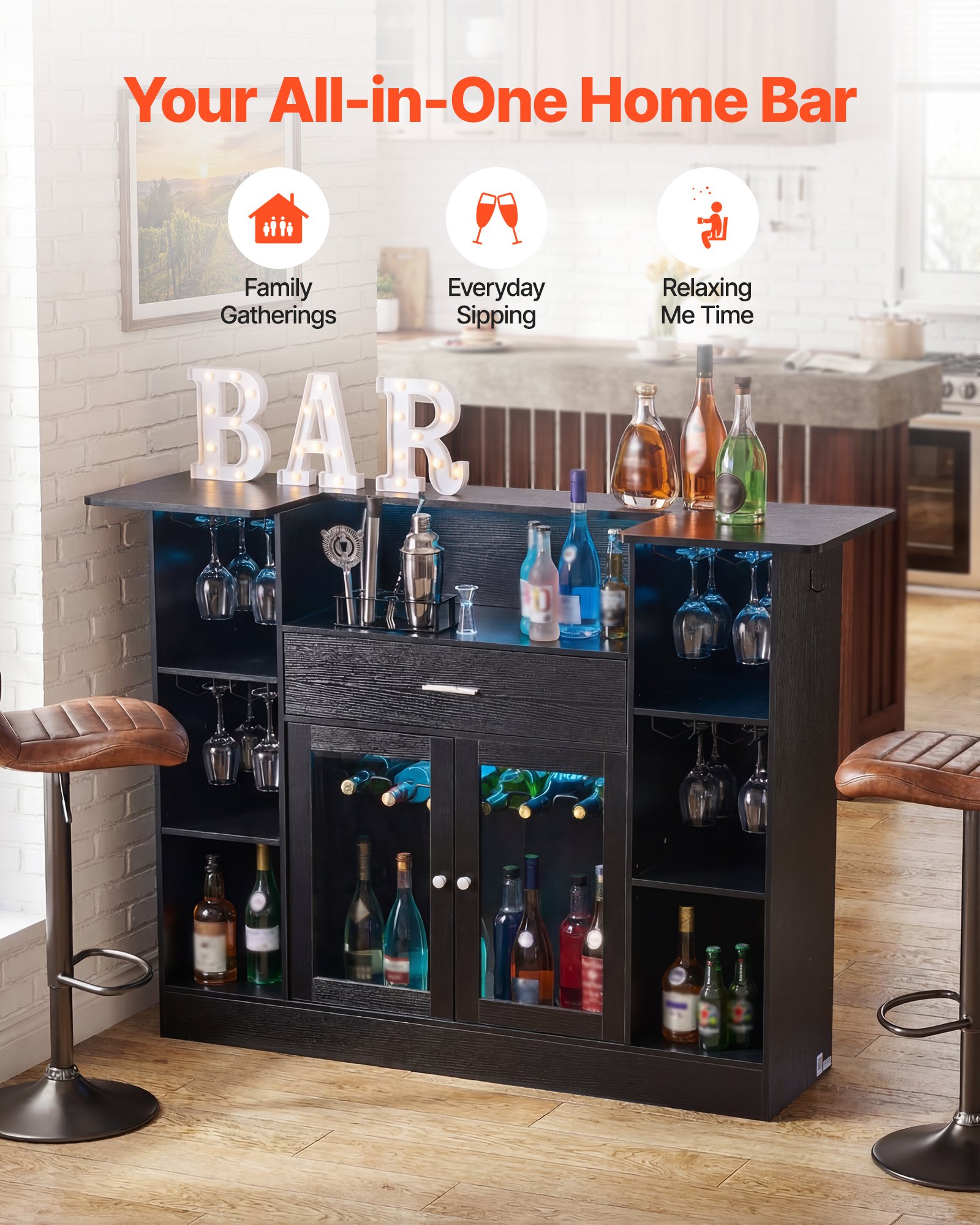 VEVOR Home Bar Unit, Wine Bar Cabinet Table 4-Tier with Storage Drawer Shelves, Wine Glass Holder, Bottle Rack, LED Light, Wood & Metal Liquor Cabinet for Home, Basement, Kitchen, Living Room, Black