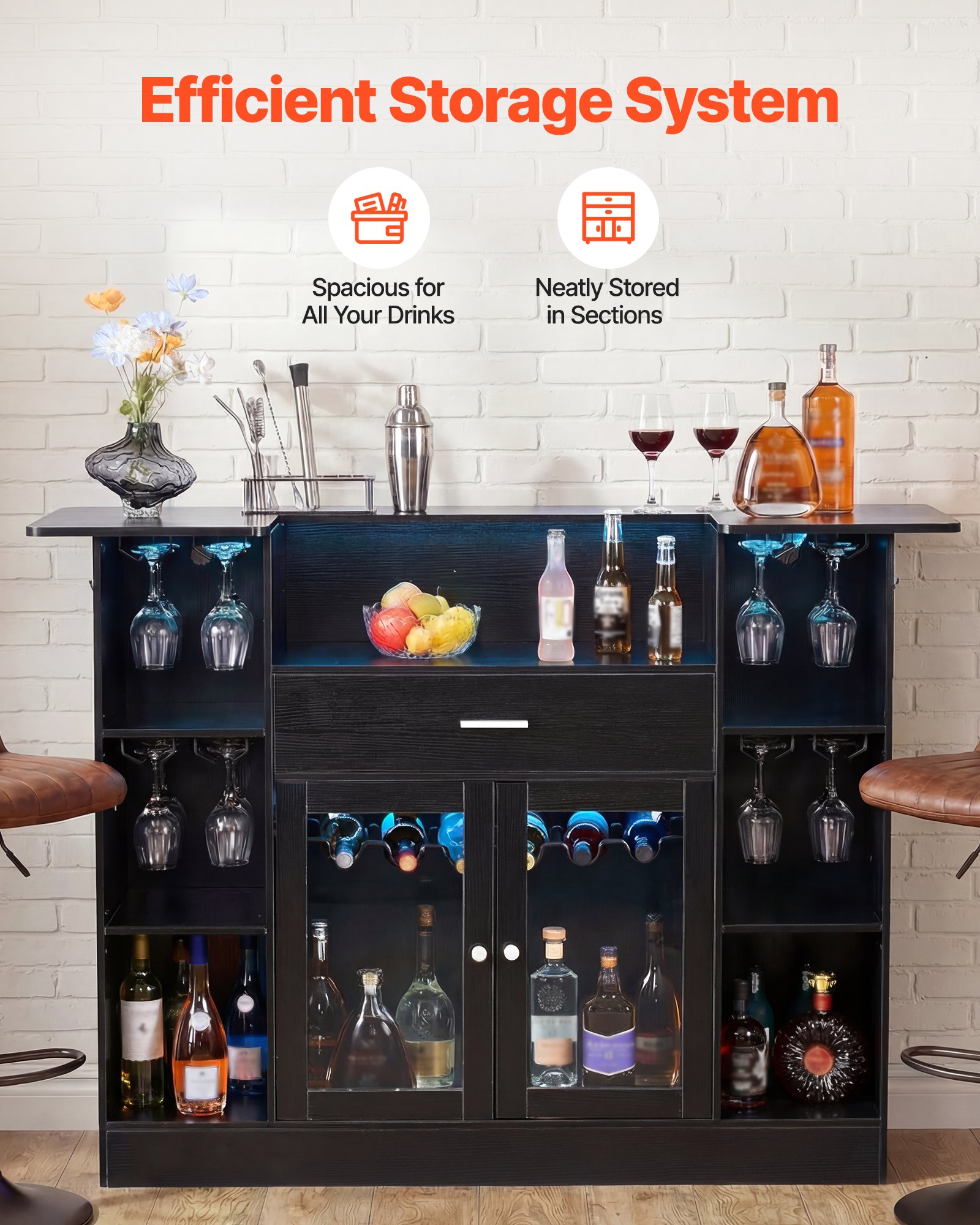 VEVOR Home Bar Unit, Wine Bar Cabinet Table 4-Tier with Storage Drawer Shelves, Wine Glass Holder, Bottle Rack, LED Light, Wood & Metal Liquor Cabinet for Home, Basement, Kitchen, Living Room, Black