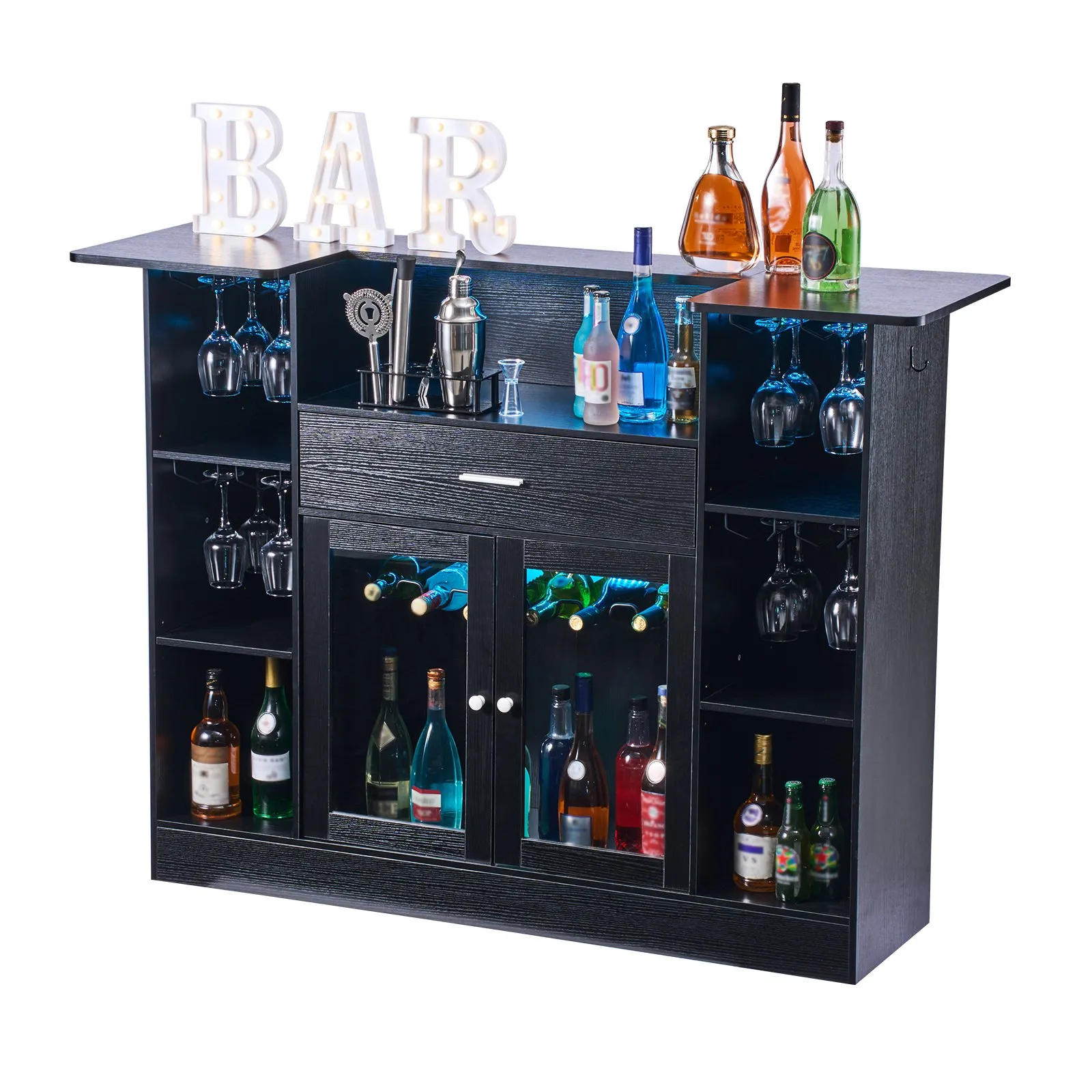VEVOR Home Bar Unit, Wine Bar Cabinet Table 4-Tier with Storage Drawer Shelves, Wine Glass Holder, Bottle Rack, LED Light, Wood & Metal Liquor Cabinet for Home, Basement, Kitchen, Living Room, Black