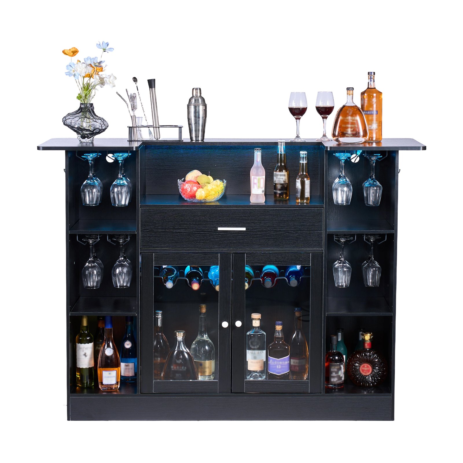 VEVOR Home Bar Unit, Wine Bar Cabinet Table 4-Tier with Storage Drawer Shelves, Wine Glass Holder, Bottle Rack, LED Light, Wood & Metal Liquor Cabinet for Home, Basement, Kitchen, Living Room, Black
