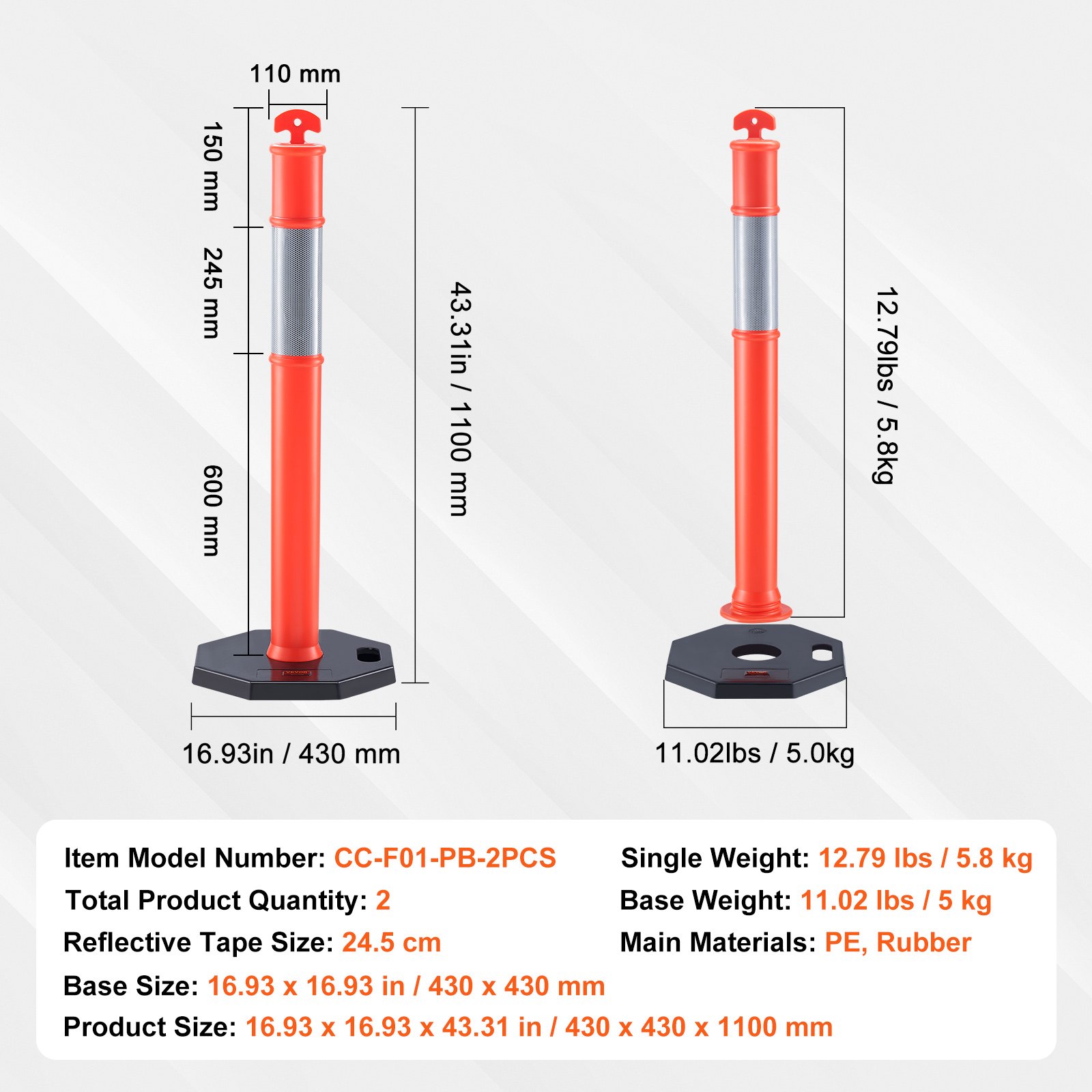 VEVOR traffic delineator set of 2, 43.3 in height, reflective tape, pe and rubber, weighted base.
