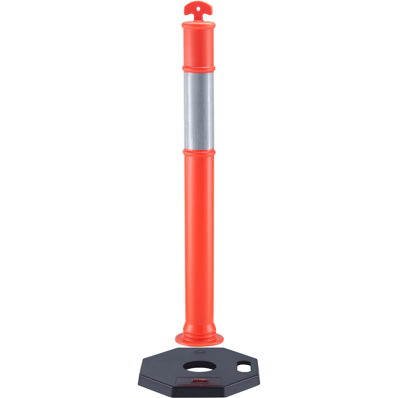 VEVOR traffic delineator, red post with a reflective band, and black hexagonal base.