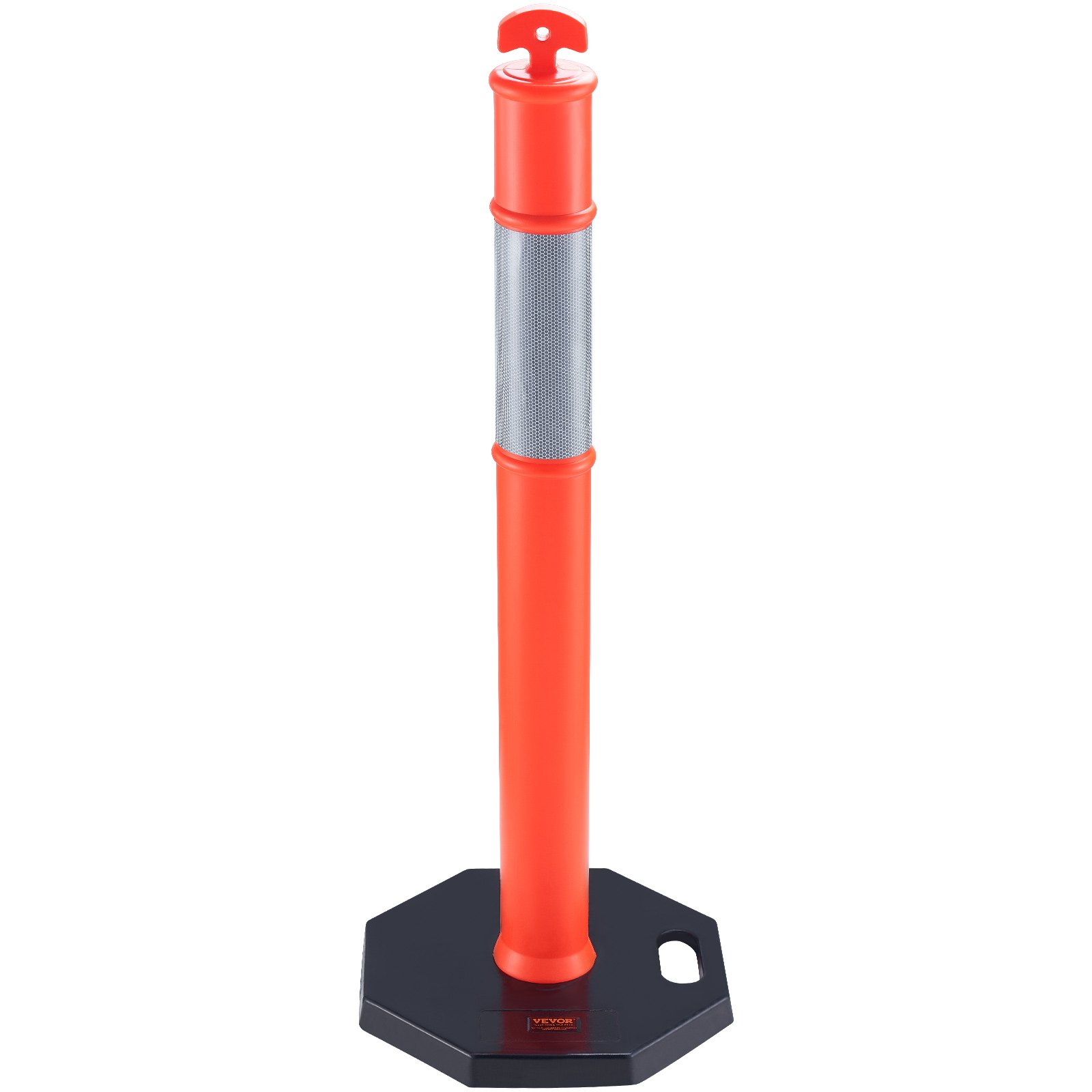 VEVOR traffic delineator with reflective tape and a black octagonal base.