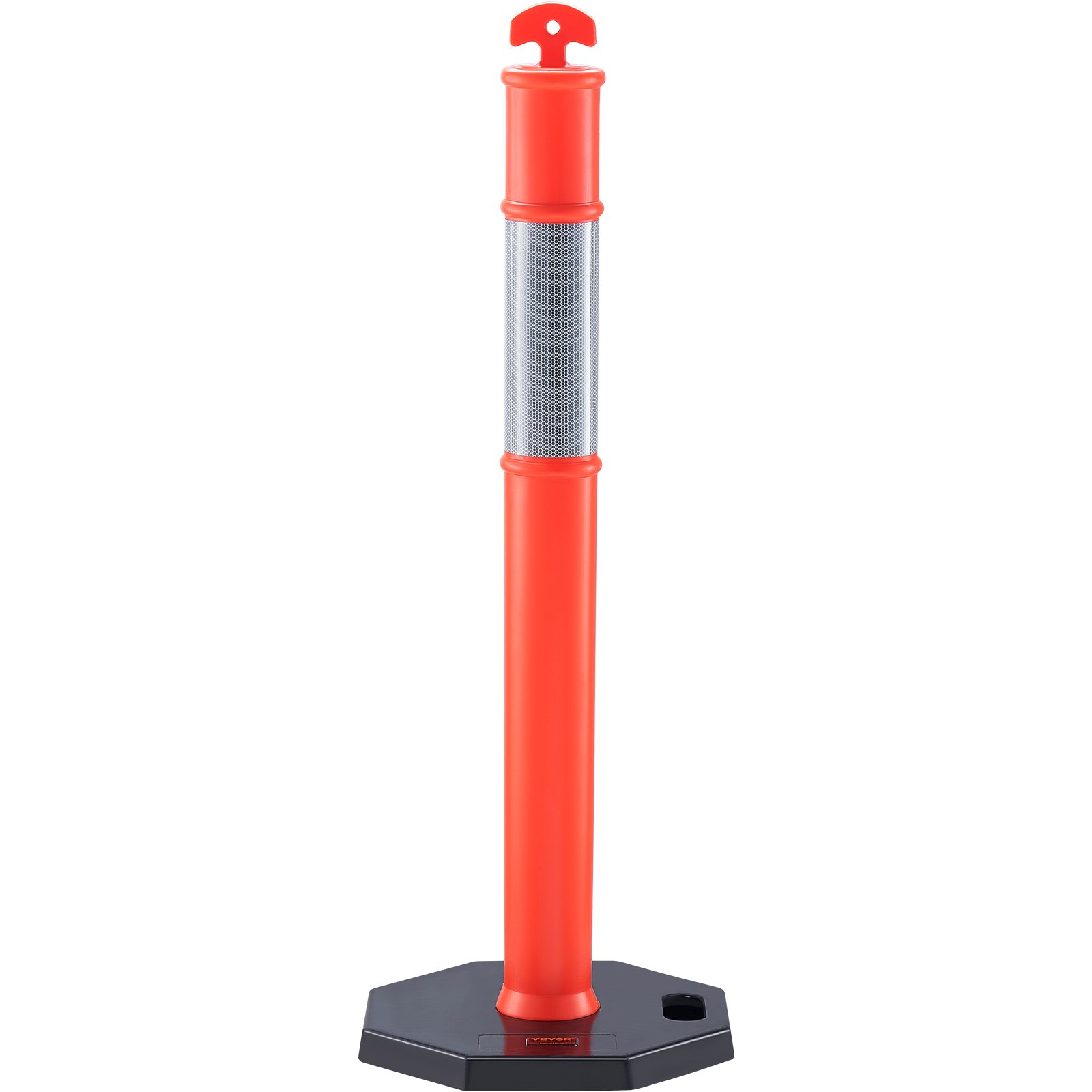 red VEVOR traffic delineator with a reflective silver band on a black hexagonal base.