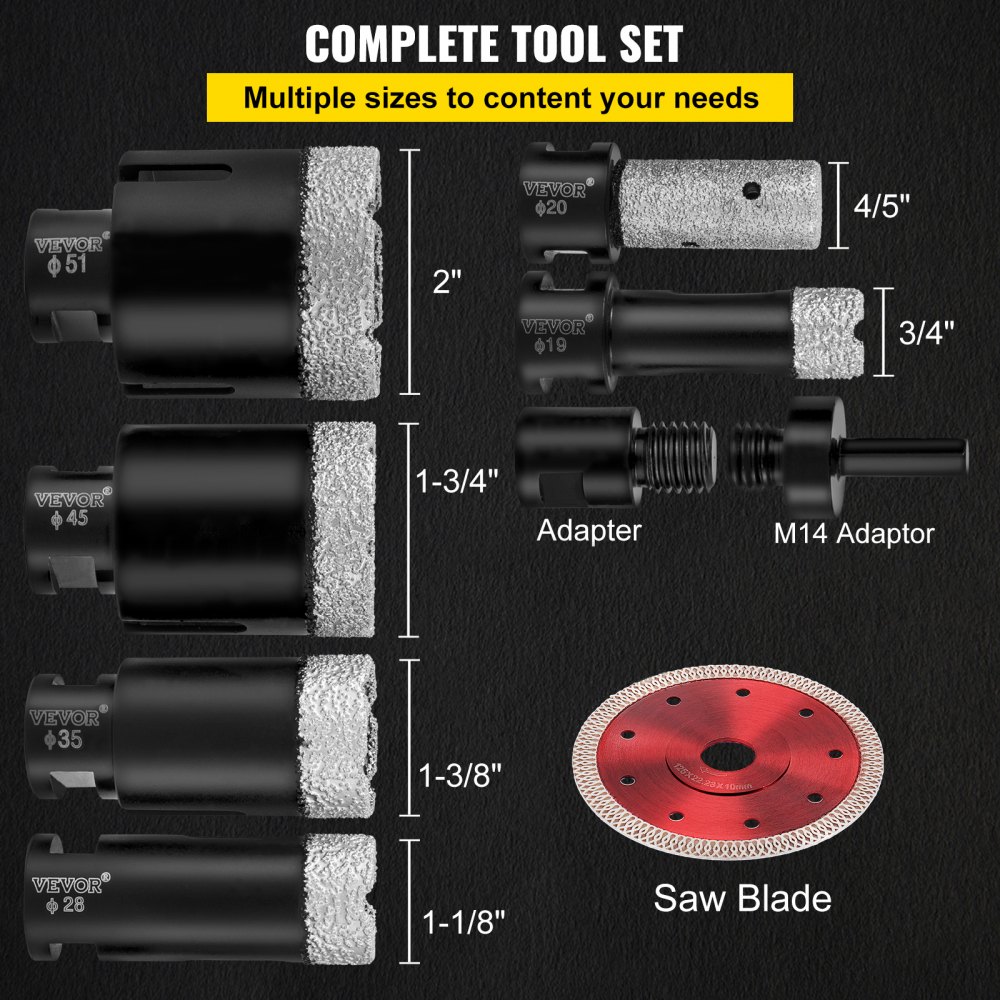 VEVOR Brocas de diamante, 8 piezas de sierra perforadora de diamante de 3/4 a 2 pulgadas, kit de sierra perforadora para azulejos, broca de diamante soldada de 0,59 pulgadas, sierra perforadora para azulejos con punta de dedo, una hoja para azulejos, cerámica, porcelana, mármol, materiales duros