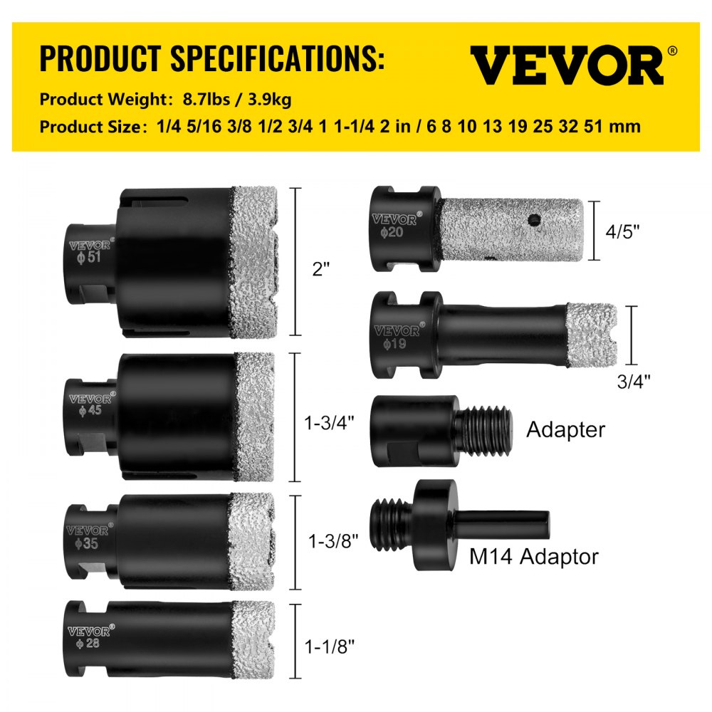 VEVOR Brocas de diamante, 8 piezas de sierra perforadora de diamante de 3/4 a 2 pulgadas, kit de sierra perforadora para azulejos, broca de diamante soldada de 0,59 pulgadas, sierra perforadora para azulejos con punta de dedo, una hoja para azulejos, cerámica, porcelana, mármol, materiales duros