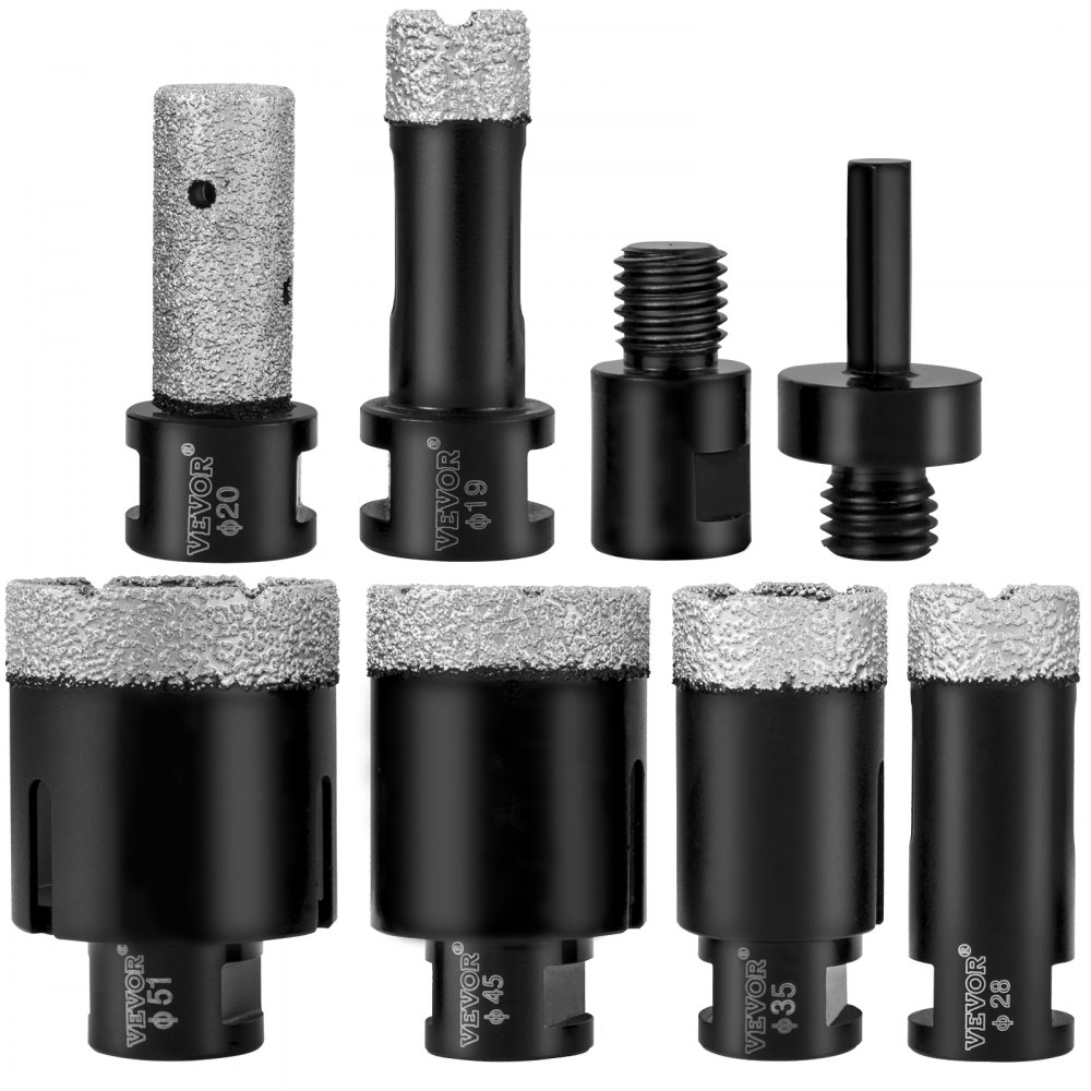 VEVOR Brocas de diamante, 8 piezas de sierra perforadora de diamante de 3/4 a 2 pulgadas, kit de sierra perforadora para azulejos, broca de diamante soldada de 0,59 pulgadas, sierra perforadora para azulejos con punta de dedo, una hoja para azulejos, cerámica, porcelana, mármol, materiales duros