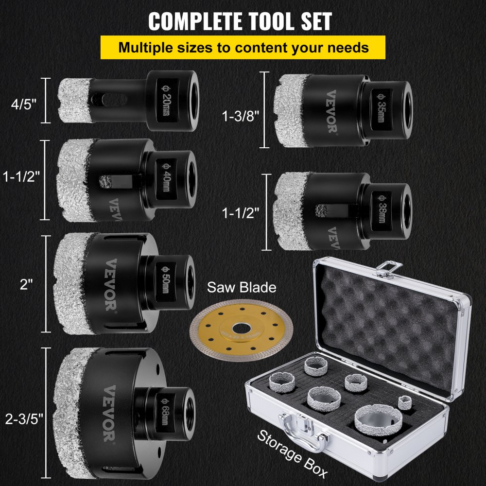 VEVOR Diamond Drill Bits 6PCS Diamond Hole Saw 20/35/38/40/50/68mm Tile Hole Saw Kit Vacuum Brazed Diamond Drill Bit 0.59in/15mm Segment Tile Hole Saw w Storage Case for Tile Ceramic Porcelain Marble
