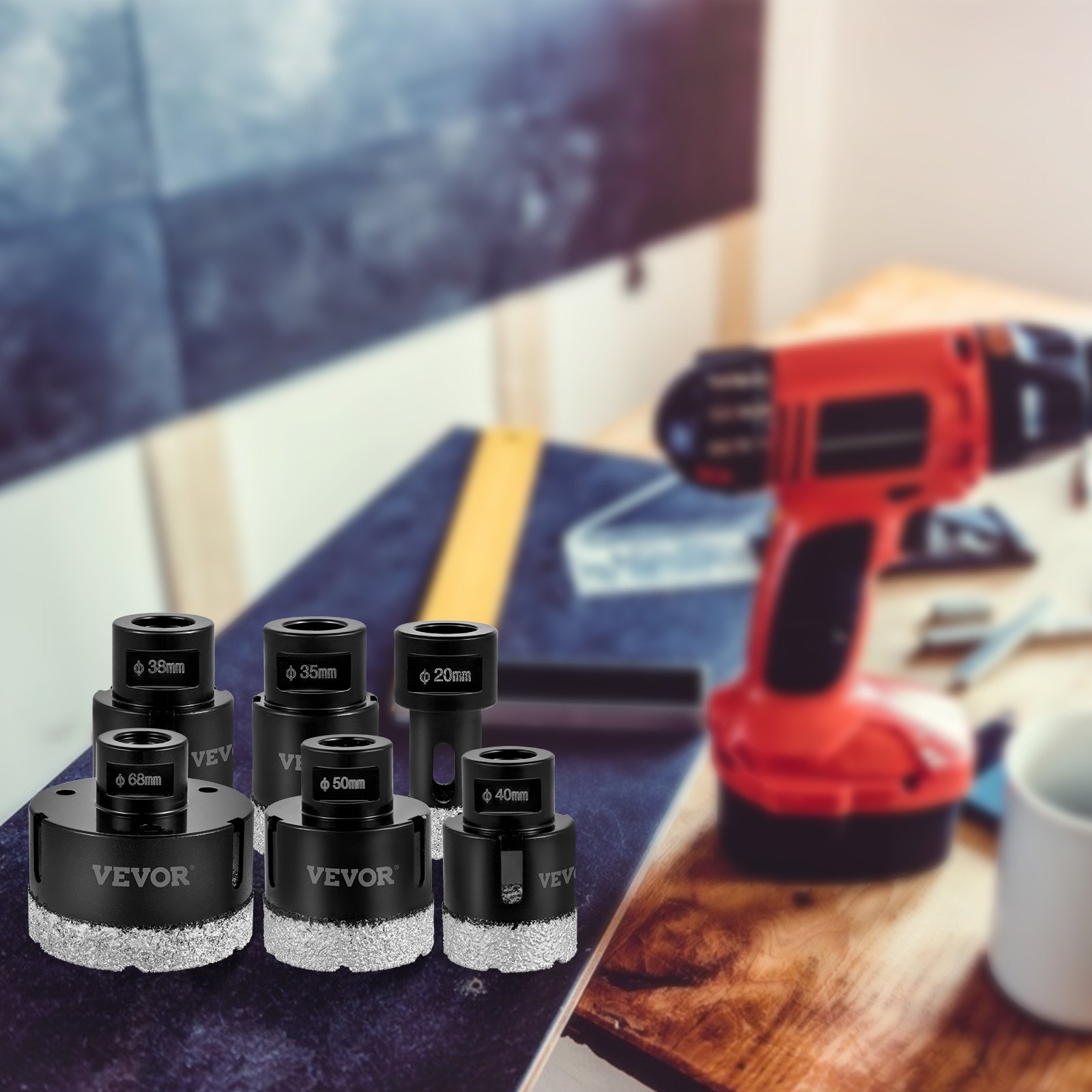 VEVOR Diamond Drill Bits 6PCS Diamond Hole Saw 20/35/38/40/50/68mm Tile Hole Saw Kit Vacuum Brazed Diamond Drill Bit 0.59in/15mm Segment Tile Hole Saw w Storage Case for Tile Ceramic Porcelain Marble