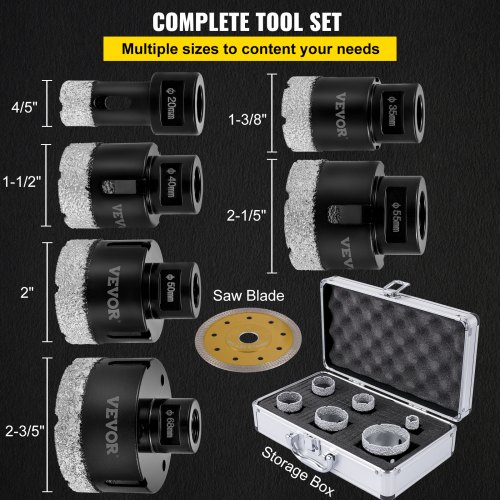VEVOR Diamond Drill Bits 6PCS Diamond Hole Saw 20/35/40/50/55/68mm Tile Hole Saw Kit Vacuum Brazed Diamond Drill Bit 0.59in/15mm Segment Tile Hole Saw w Storage Case for Tile Ceramic Porcelain Marble