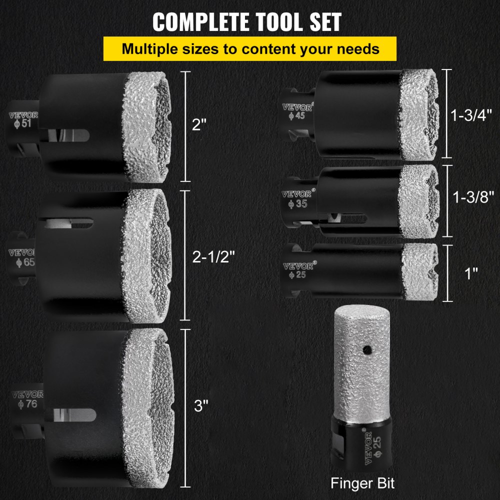 VEVOR Diamond Drill Bits 6/8/10/13/19/25/32/51 mm Diamond Hole Saw Brazed Tile 0.59in Segment Finger Bit SDS Tile Hole Saw Kit with a Blade for Tile Ceramic Porcelain Marbl 5/8"-11 Female Thread