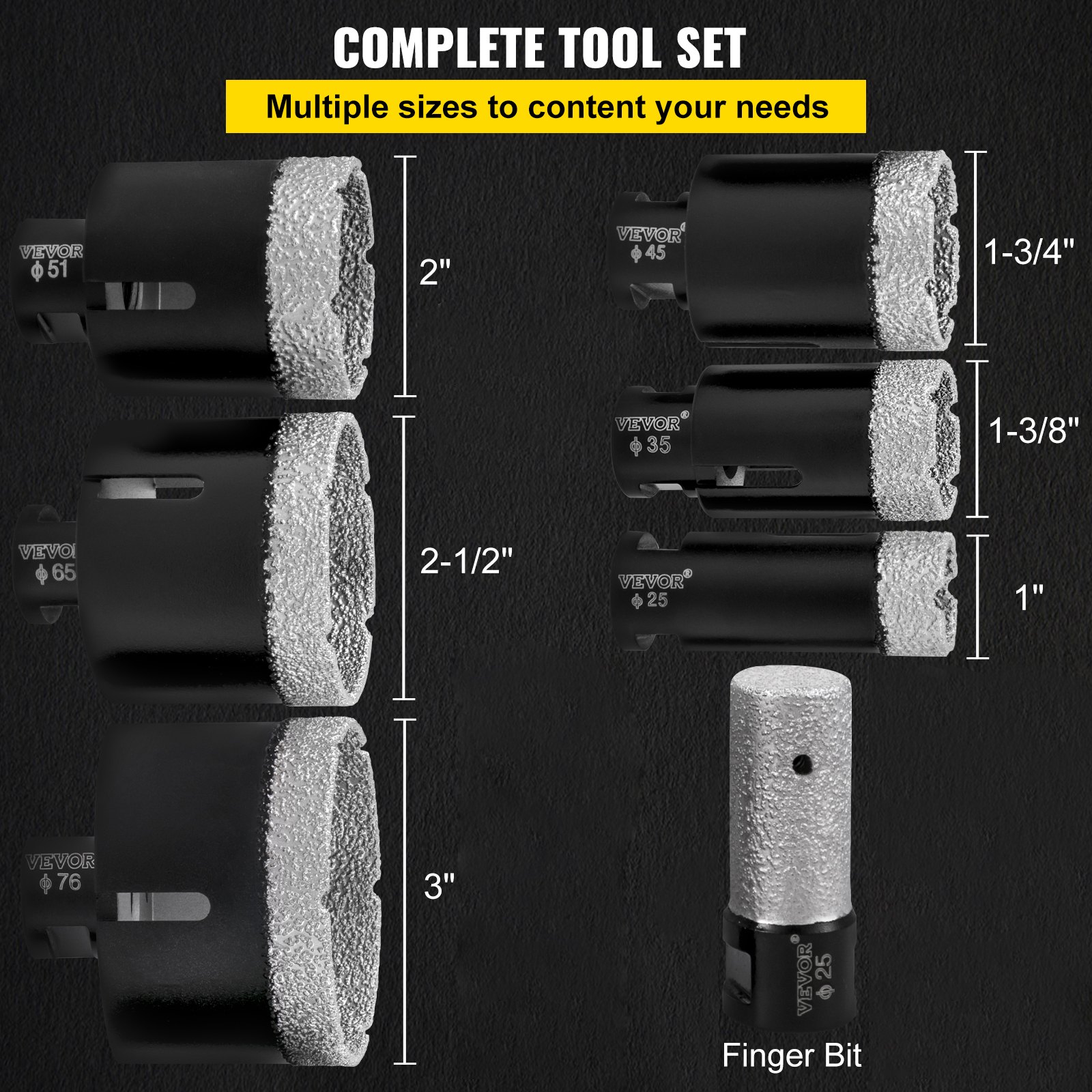 VEVOR Diamond Drill Bits 6/8/10/13/19/25/32/51 mm Diamond Hole Saw Brazed Tile 0.59in Segment Finger Bit SDS Tile Hole Saw Kit with a Blade for Tile Ceramic Porcelain Marbl 5/8"-11 Female Thread