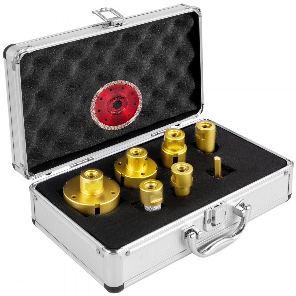 VEVOR diamond drill bits in a silver carrying case with protective foam insert.