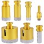 gold VEVOR diamond drill bits of various sizes and shapes with diamond tips.