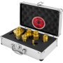 VEVOR diamond drill bits in a silver carrying case with seven gold drill bit pieces.